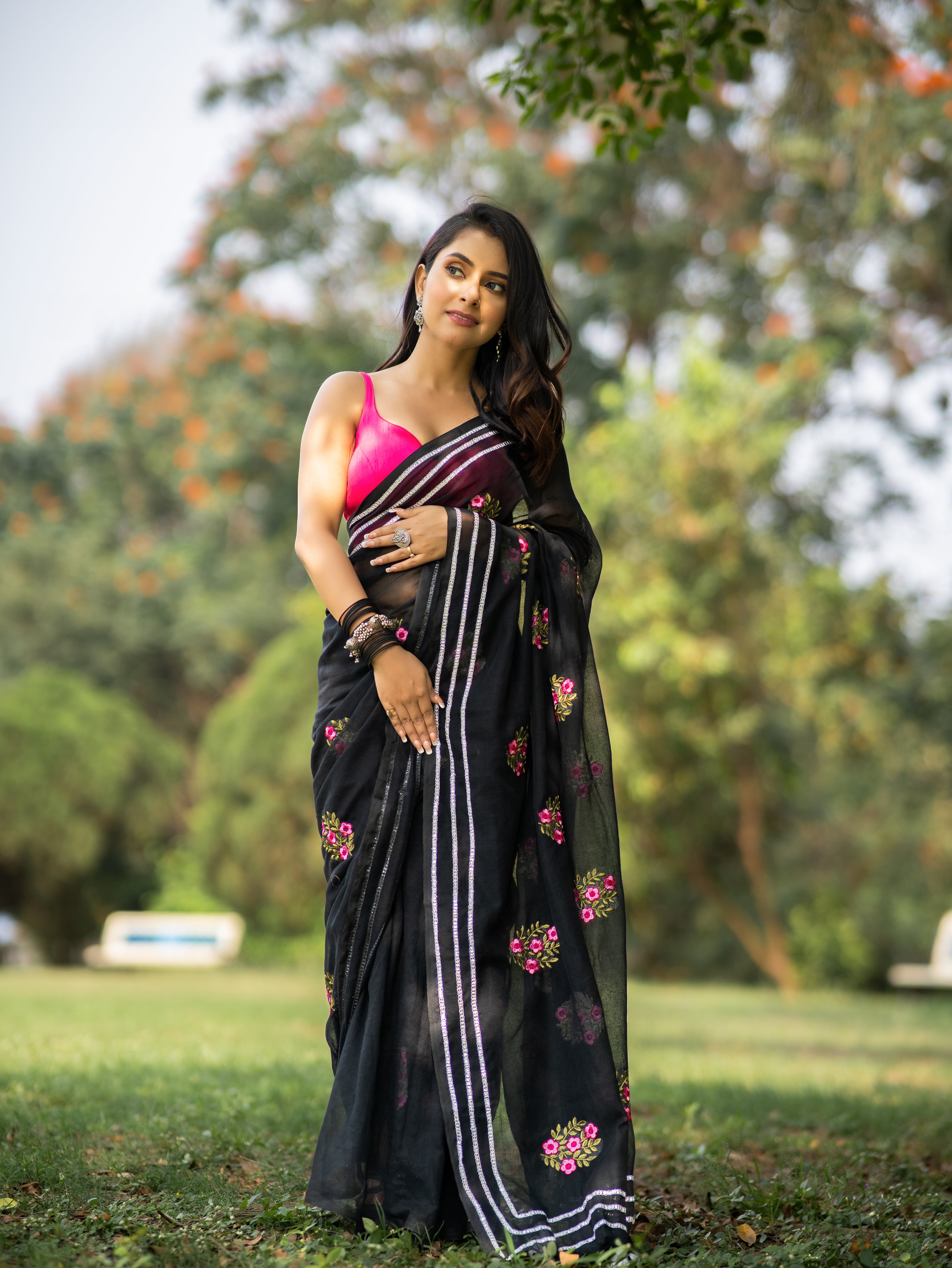 Lavanya Black Mul Mul Cotton Saree With Embroidery