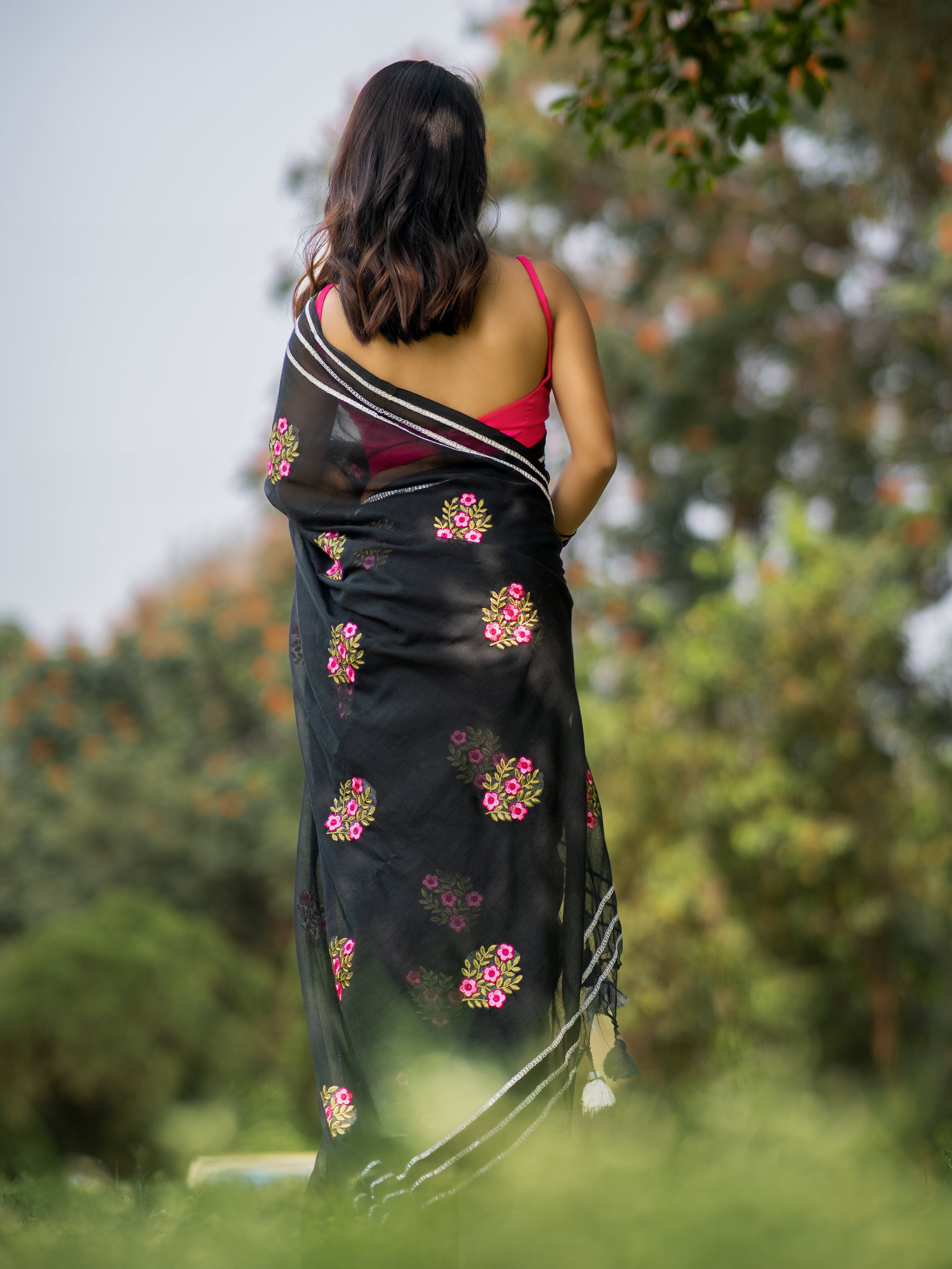 Lavanya Black Mul Mul Cotton Saree With Embroidery
