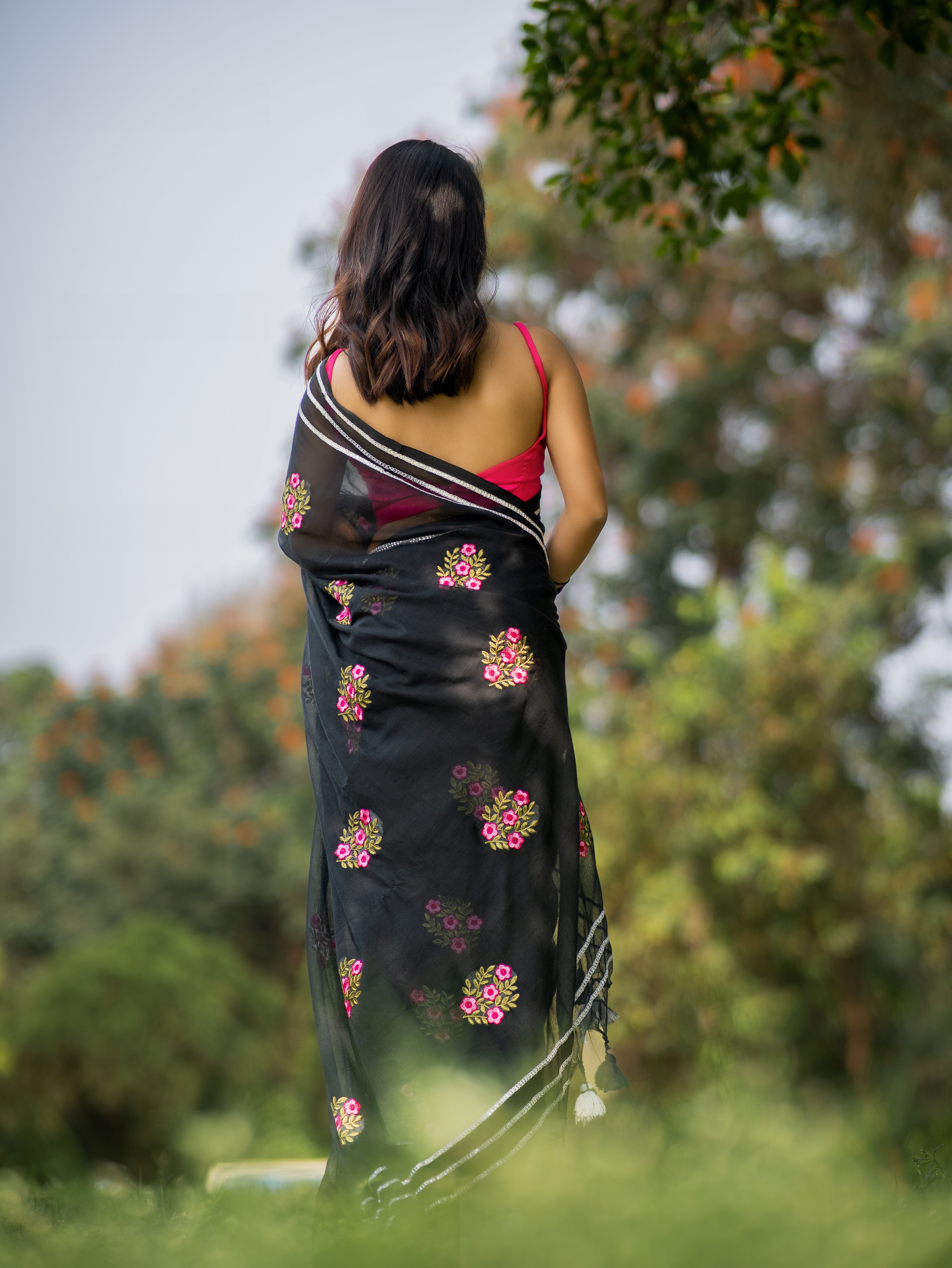 Lavanya Black Mul Mul Cotton Saree With Embroidery