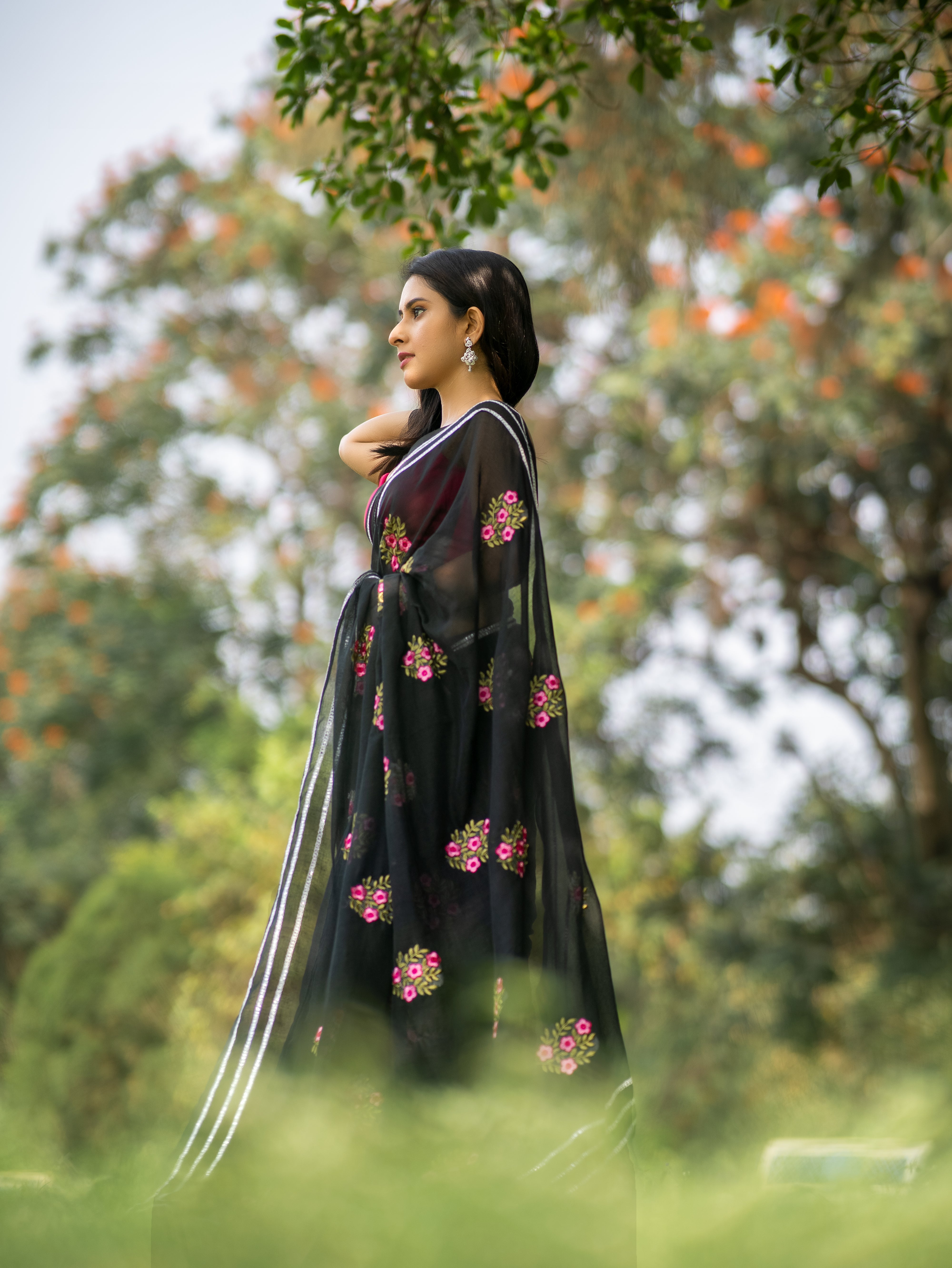 Lavanya Black Mul Mul Cotton Saree With Embroidery