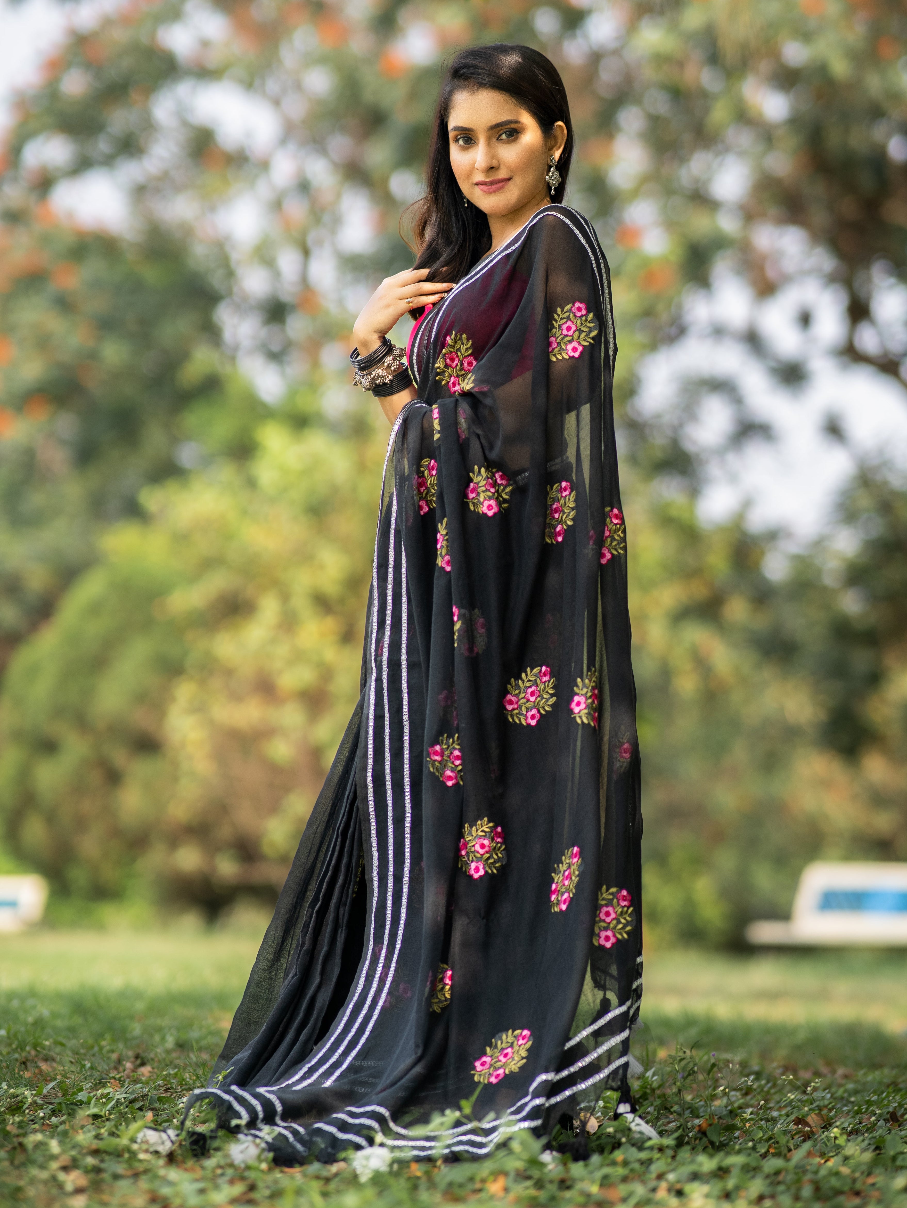 Lavanya Black Mul Mul Cotton Saree With Embroidery