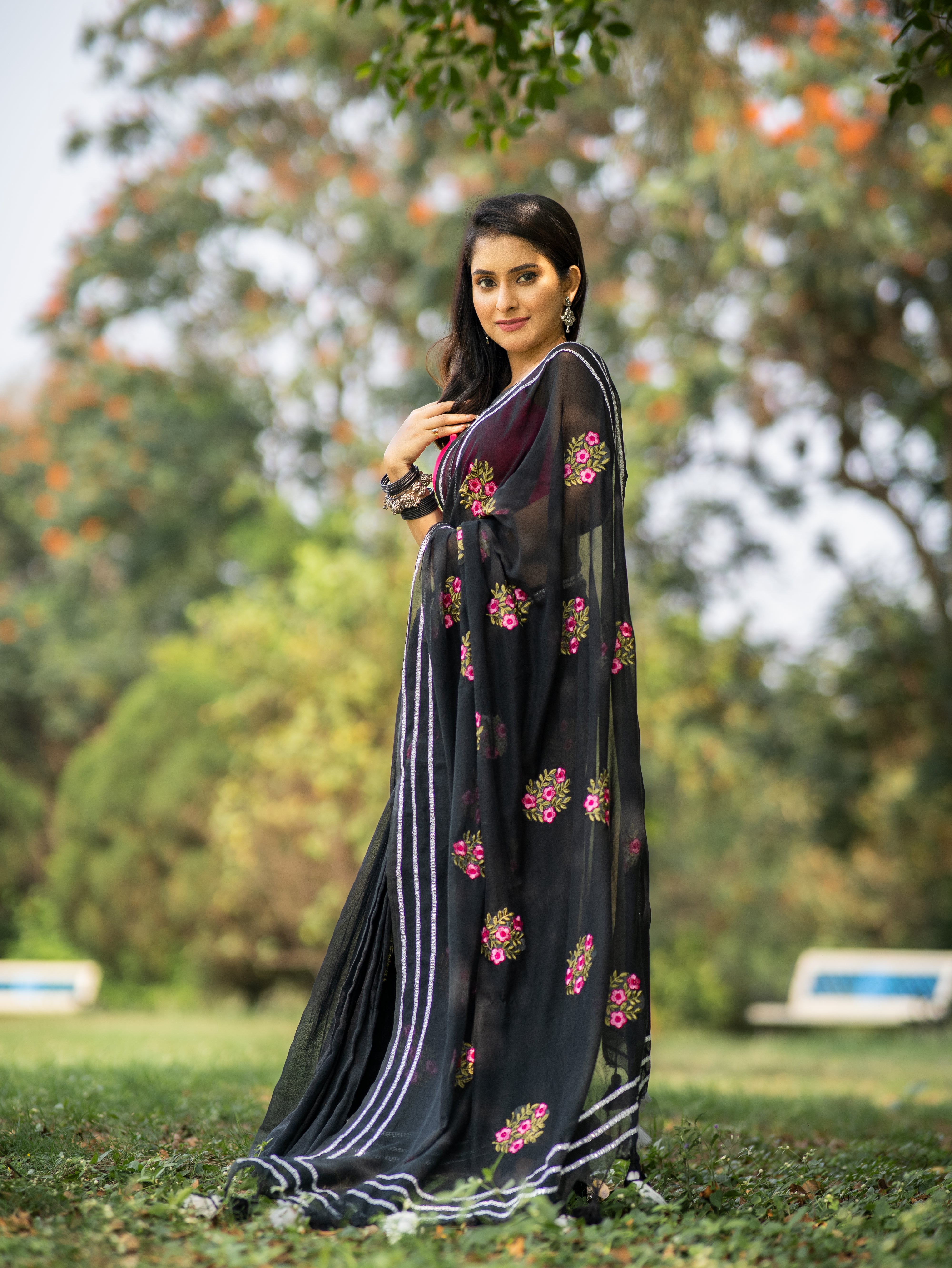 Lavanya Black Mul Mul Cotton Saree With Embroidery
