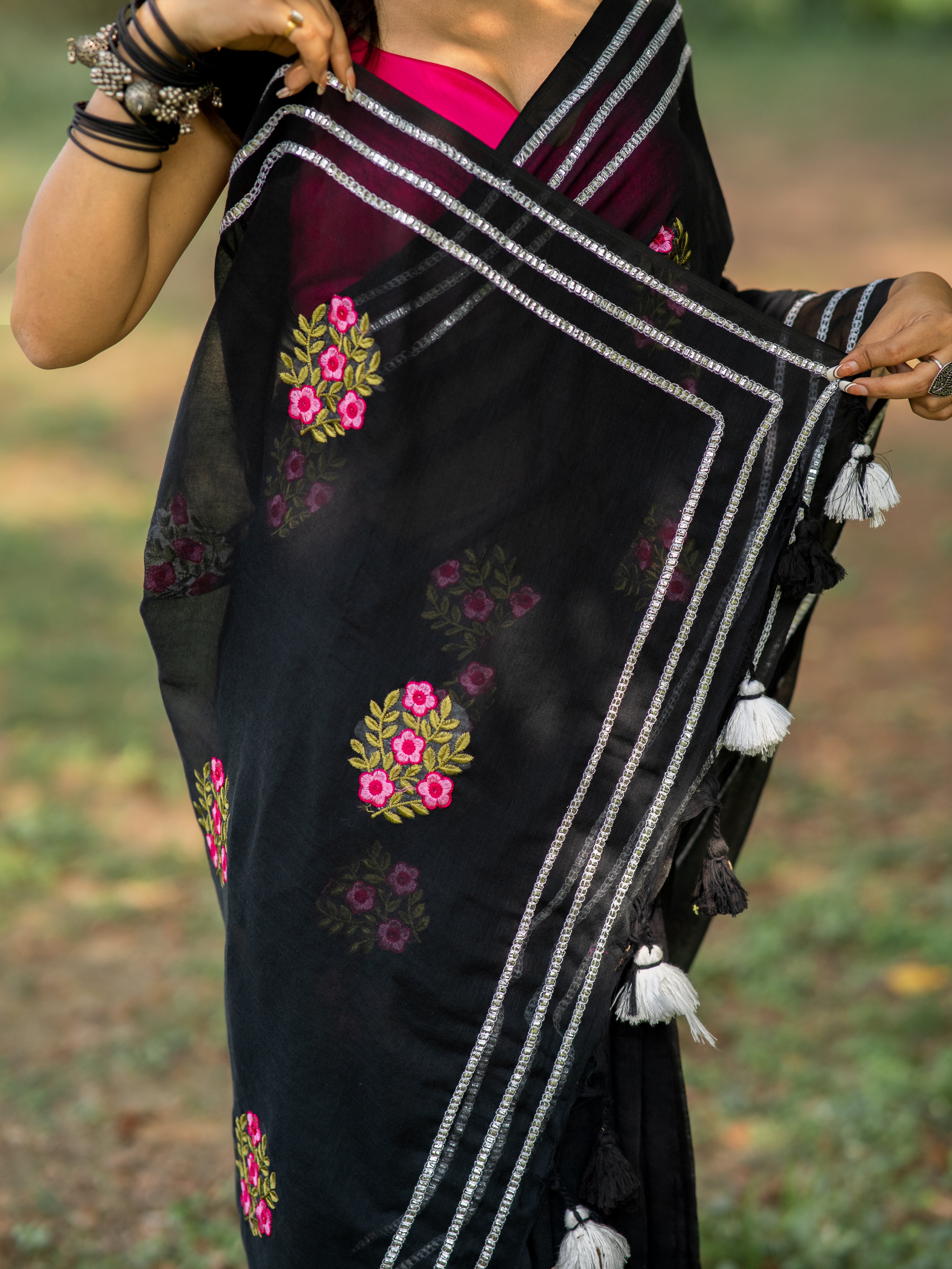Lavanya Black Mul Mul Cotton Saree With Embroidery