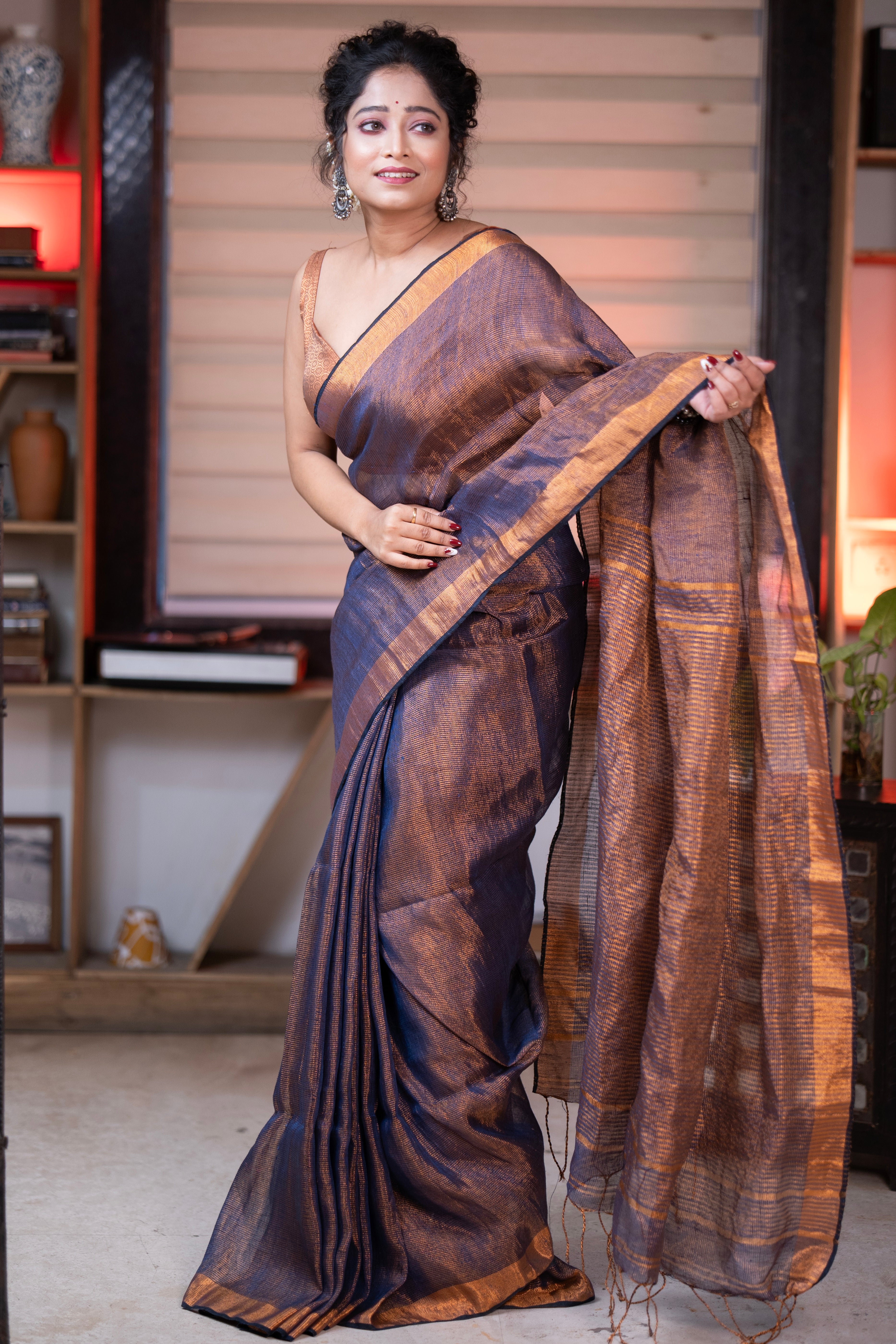 Stone blue Dual Tone Tissue Linen Saree