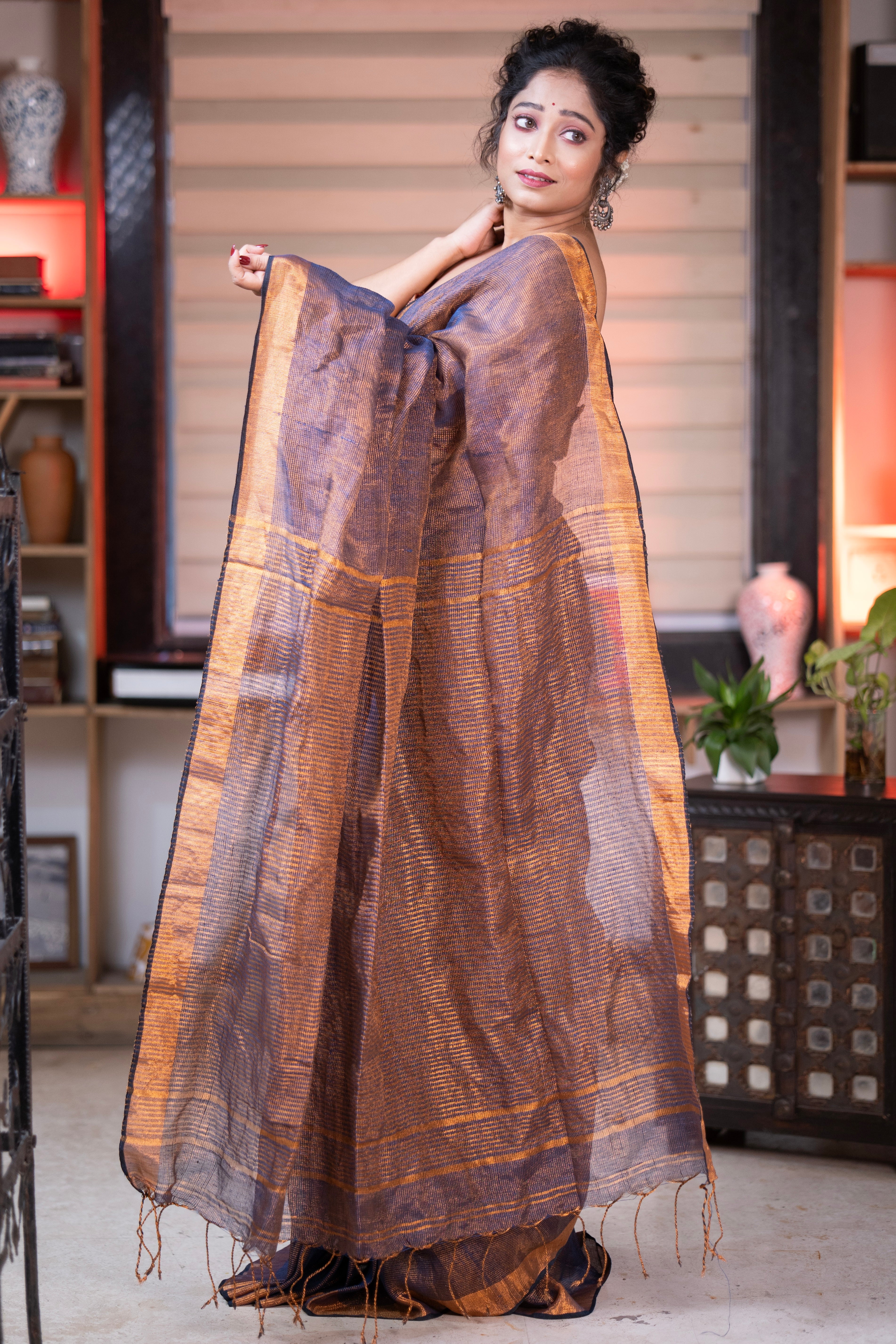 Stone blue Dual Tone Tissue Linen Saree