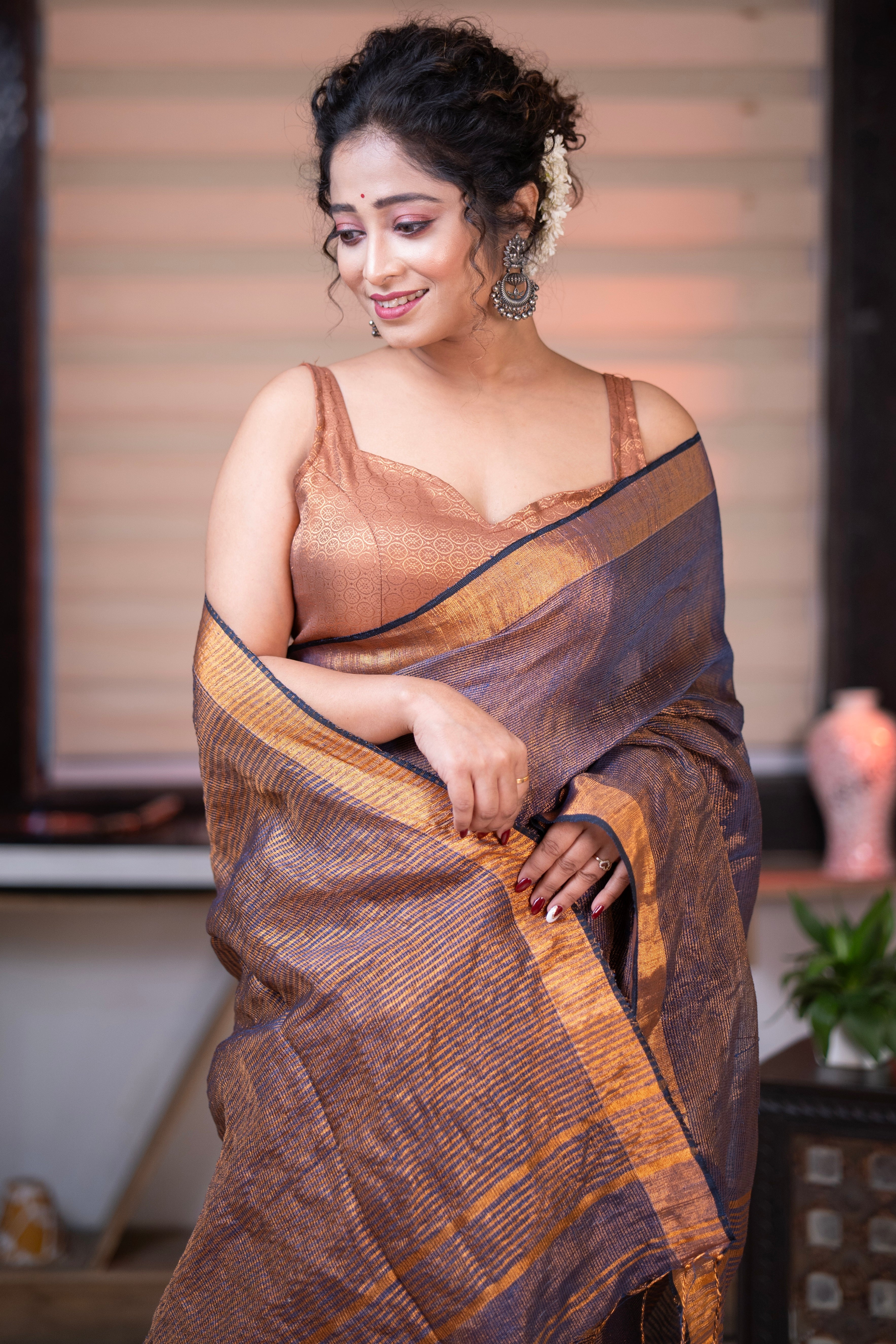 Stone blue Dual Tone Tissue Linen Saree