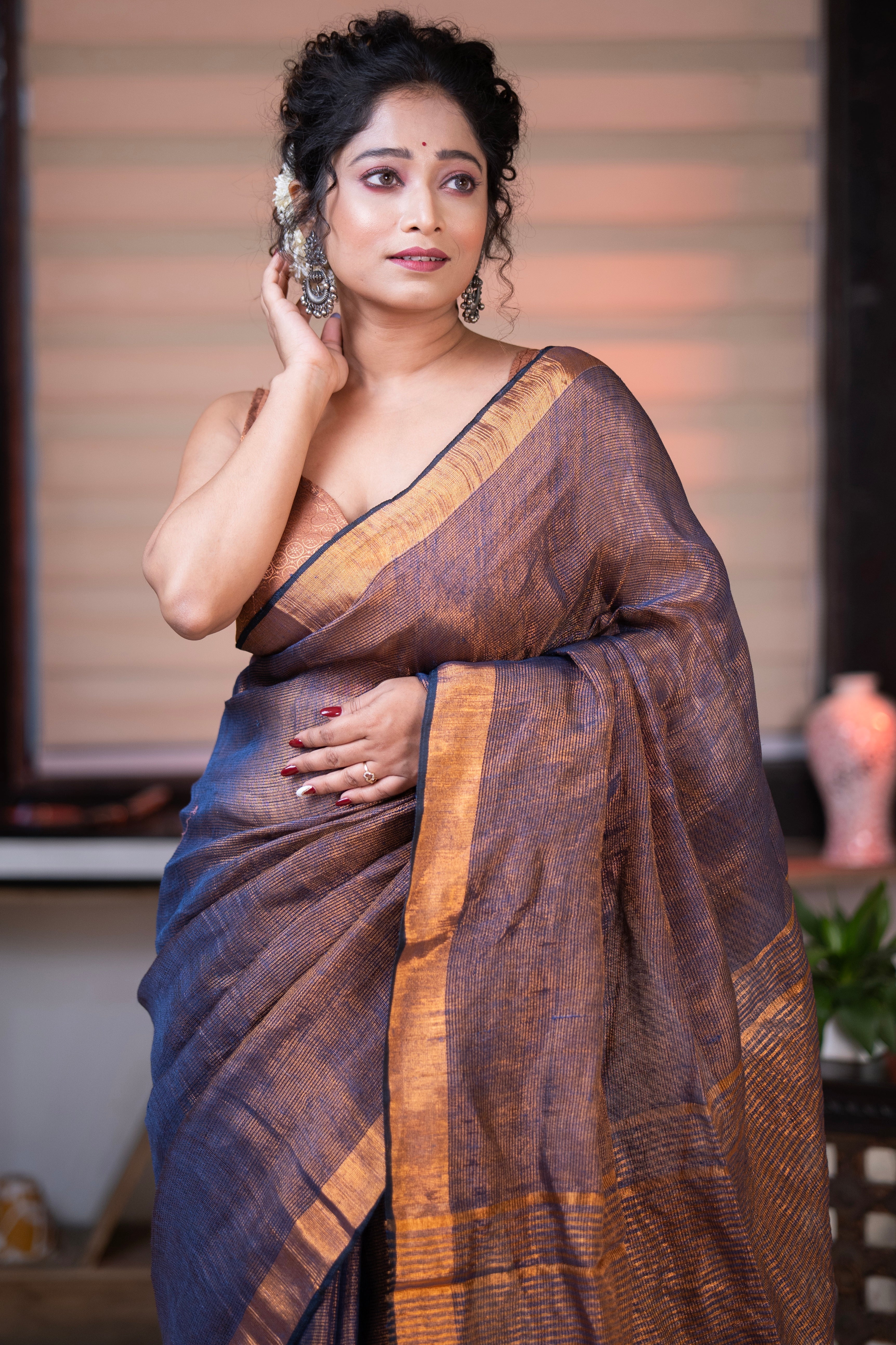 Stone blue Dual Tone Tissue Linen Saree