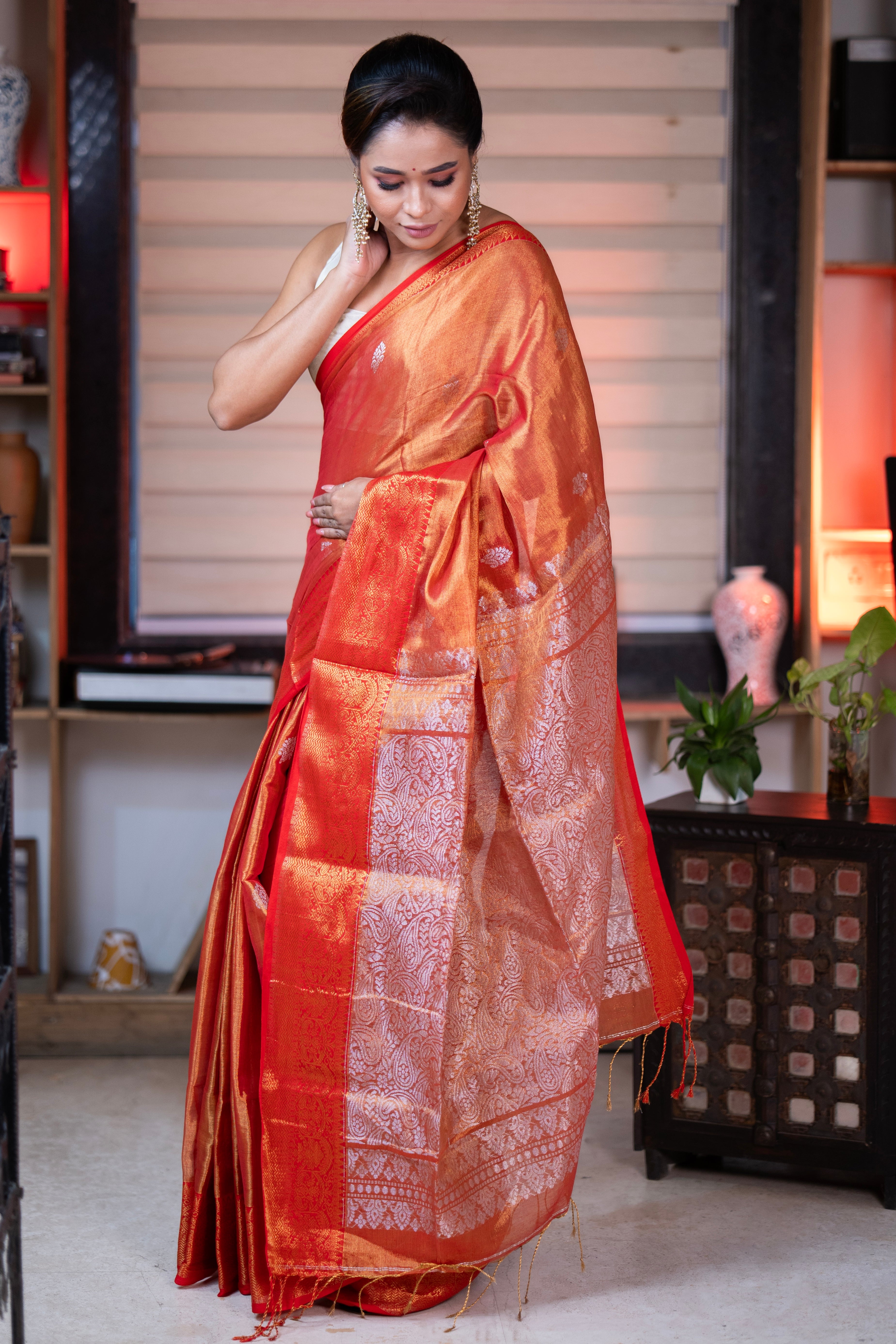 Metallic Orange Tissue Linen Handwoven Saree