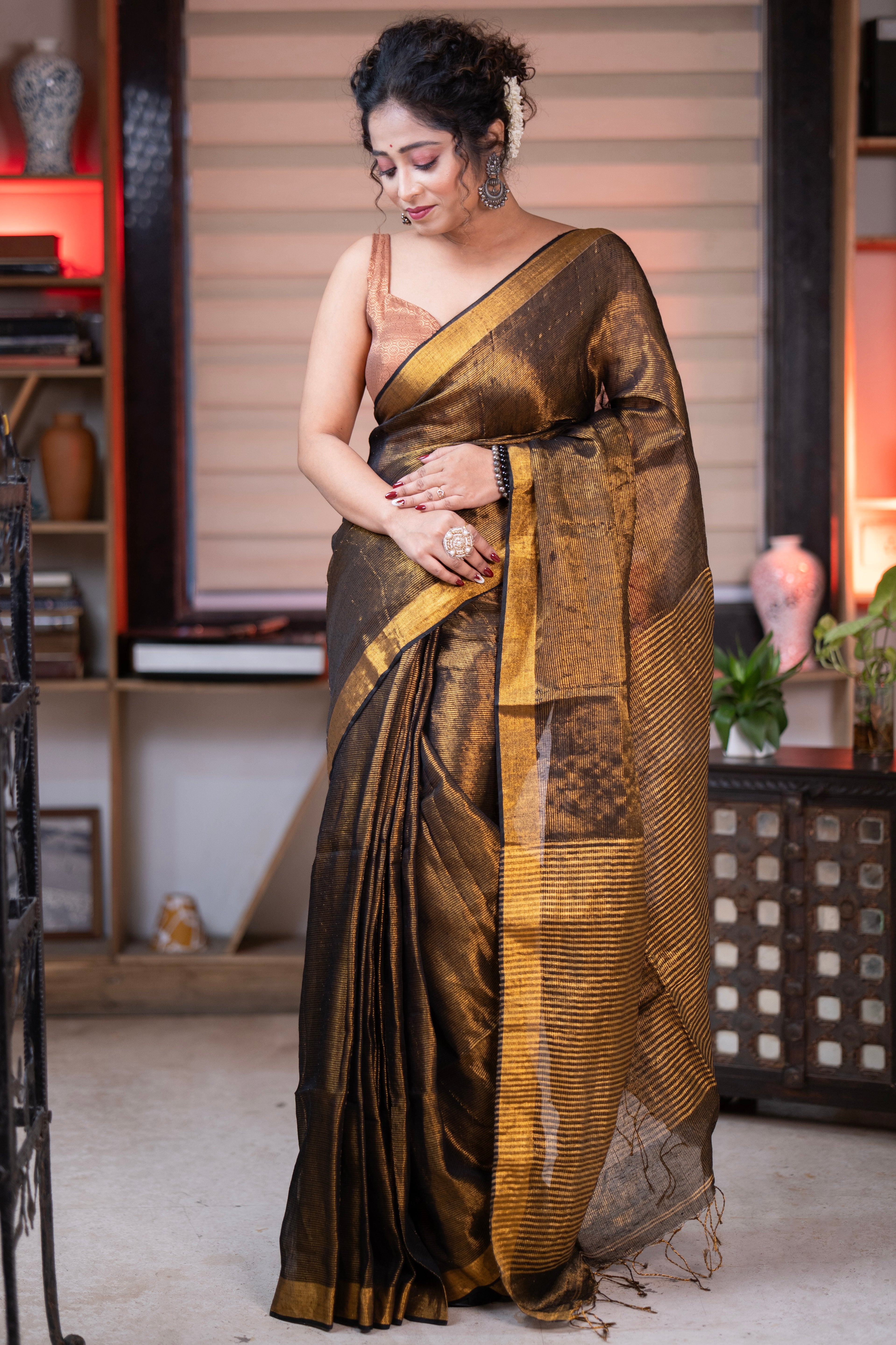 Coffe Dual Tone Tissue Linen Saree