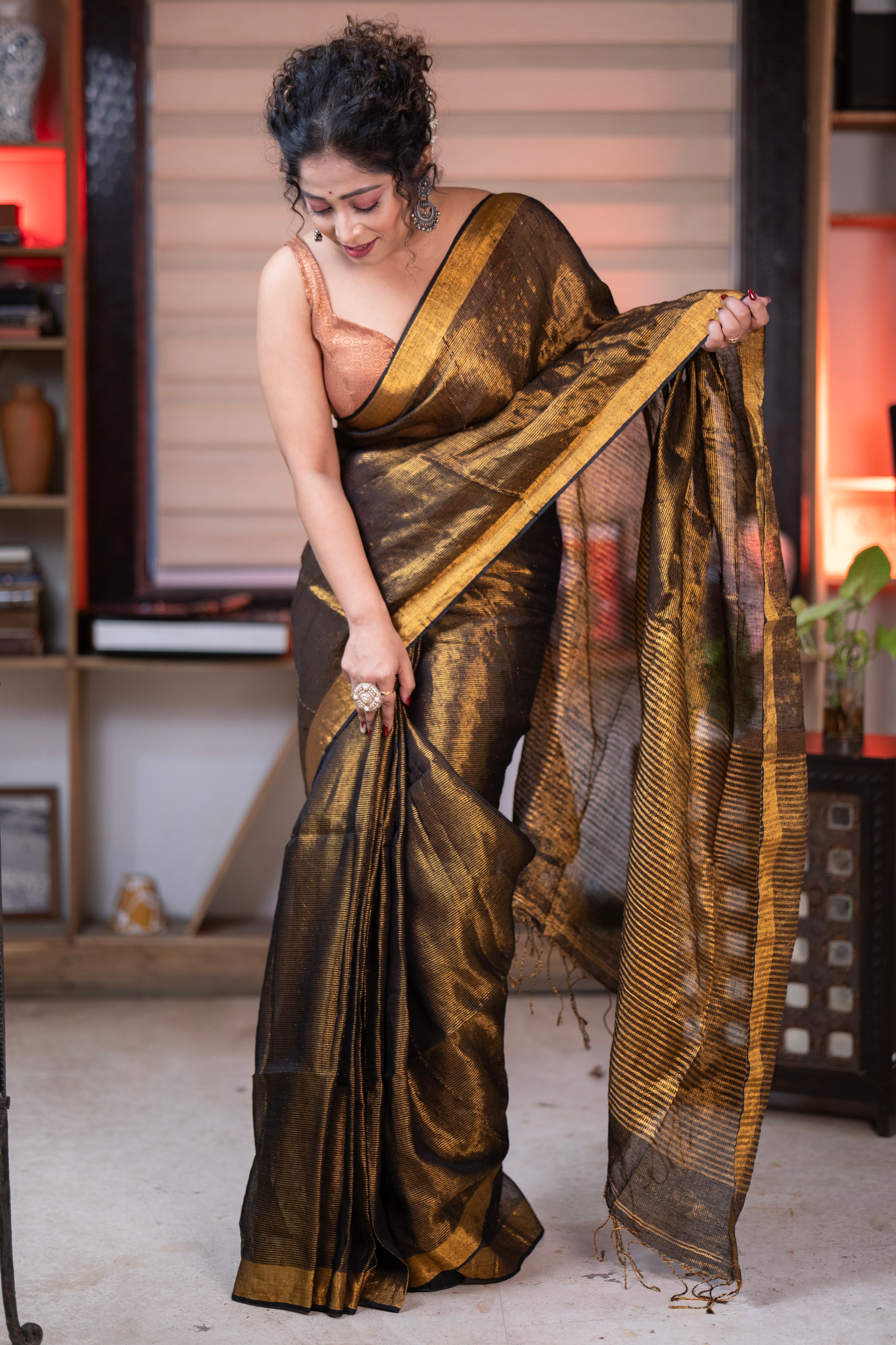 Coffe Dual Tone Tissue Linen Saree