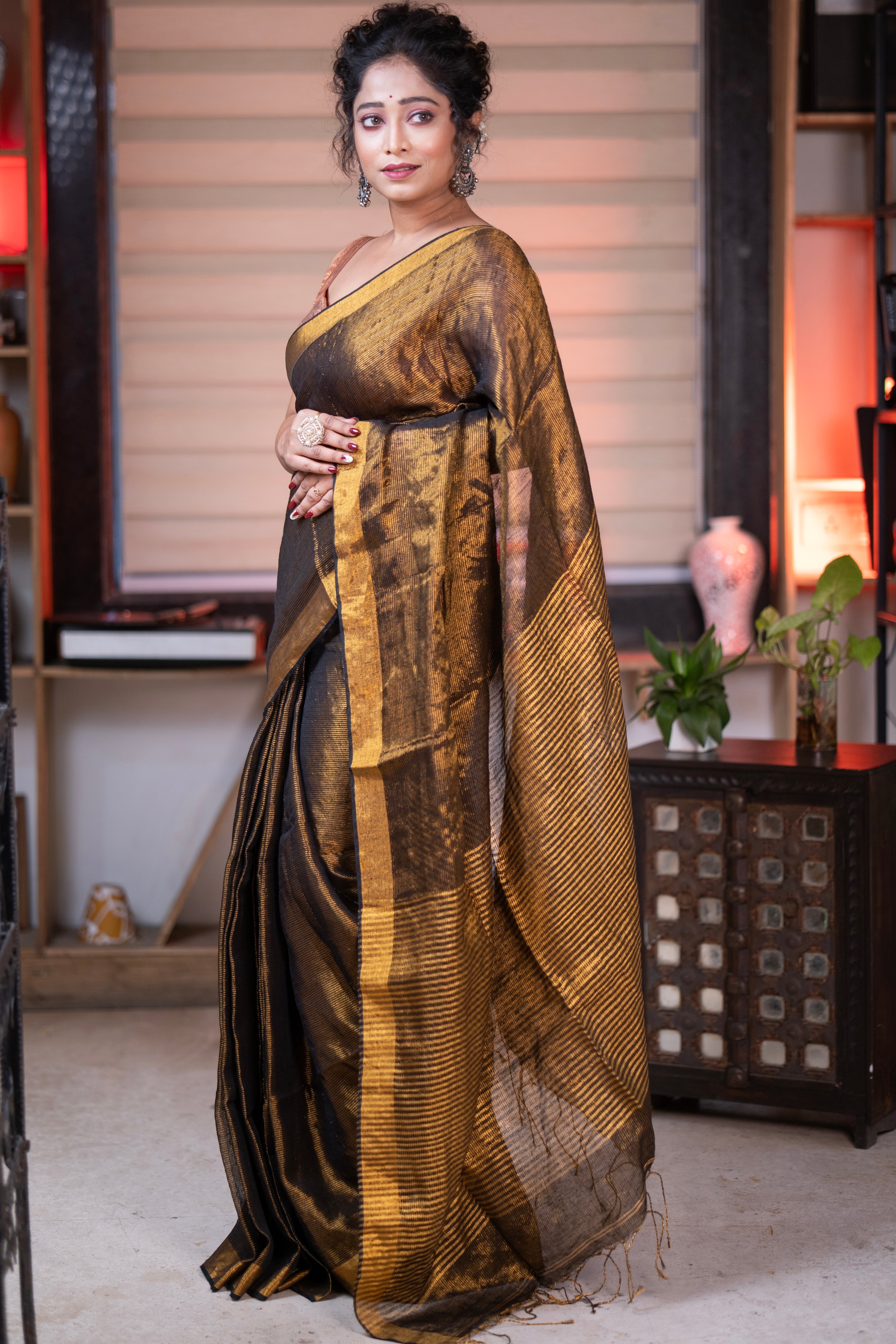 Coffe Dual Tone Tissue Linen Saree with blouse piece