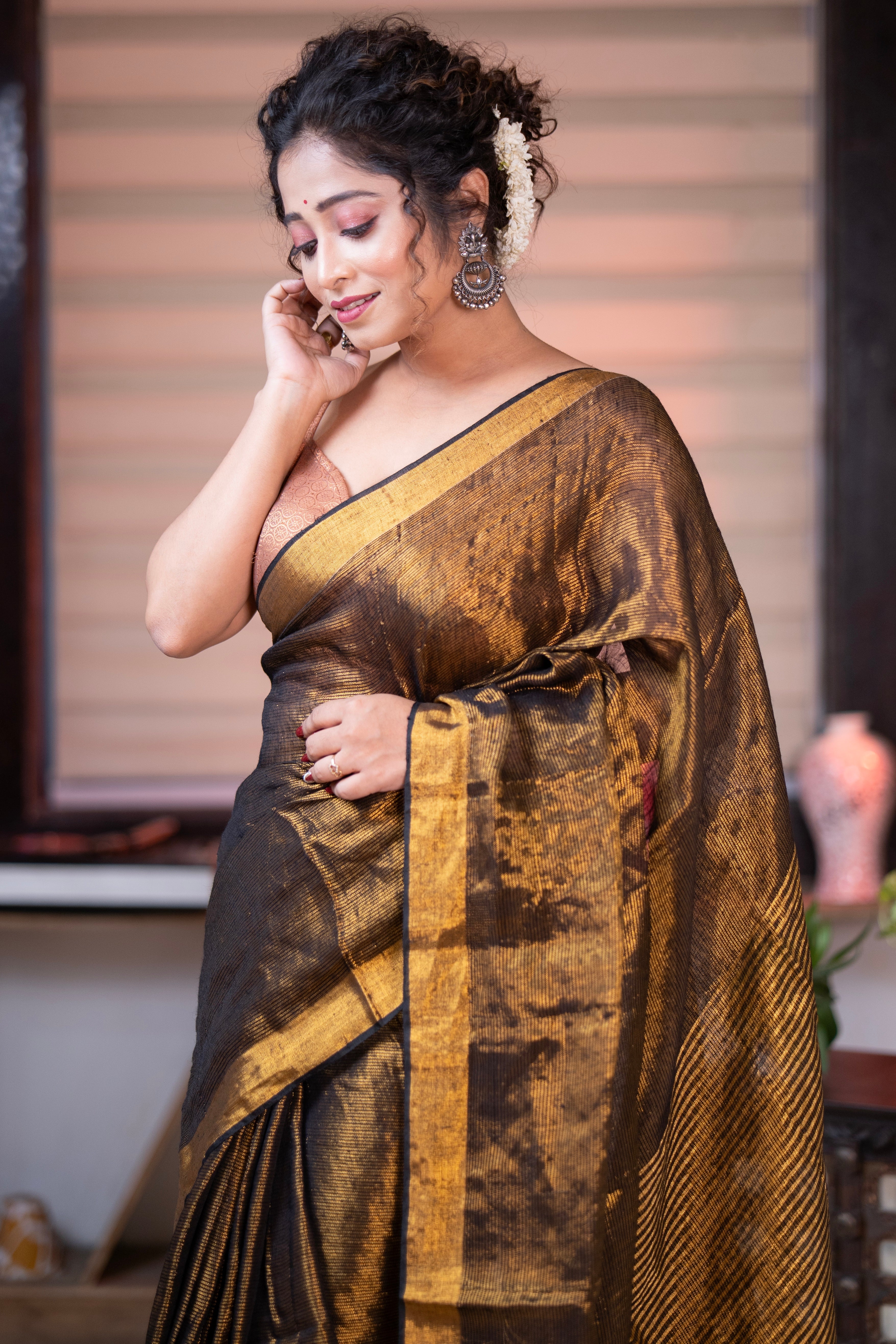 Coffe Dual Tone Tissue Linen Saree with blouse piece