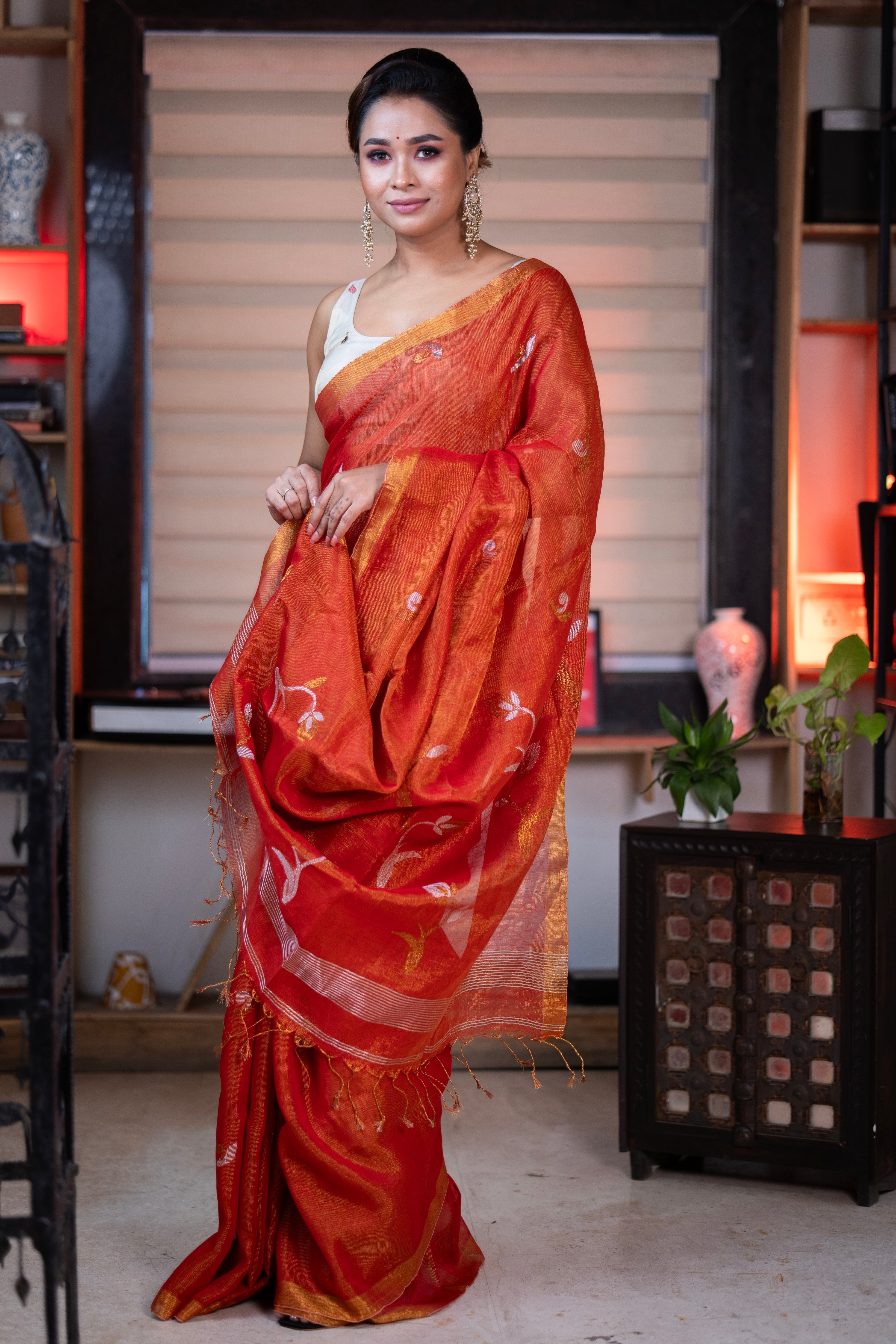 Orange Pure tissue Linen Handwoven Tulip Saree