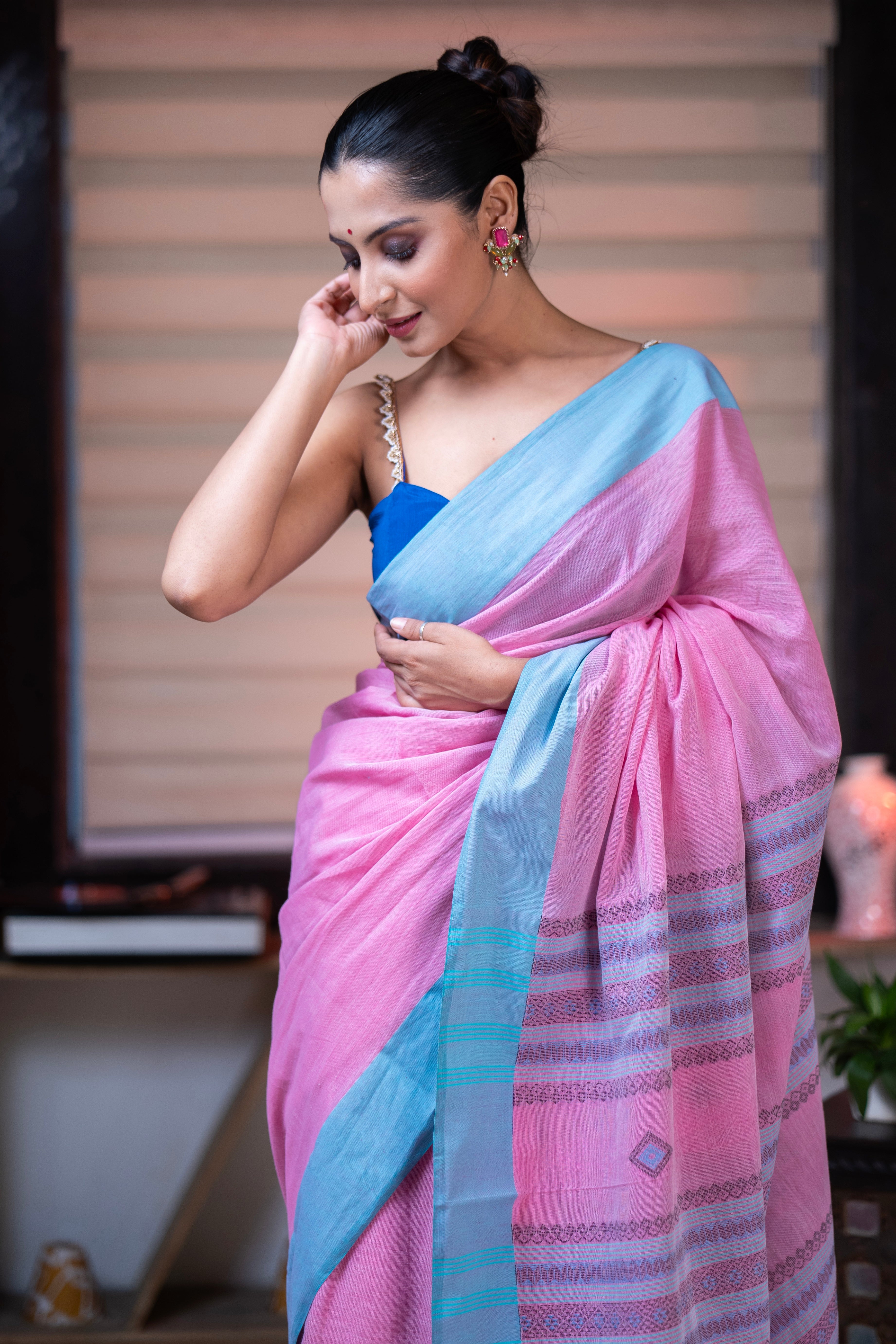 Premium Assam Khadi Cotton Handwoven Saree- Pink