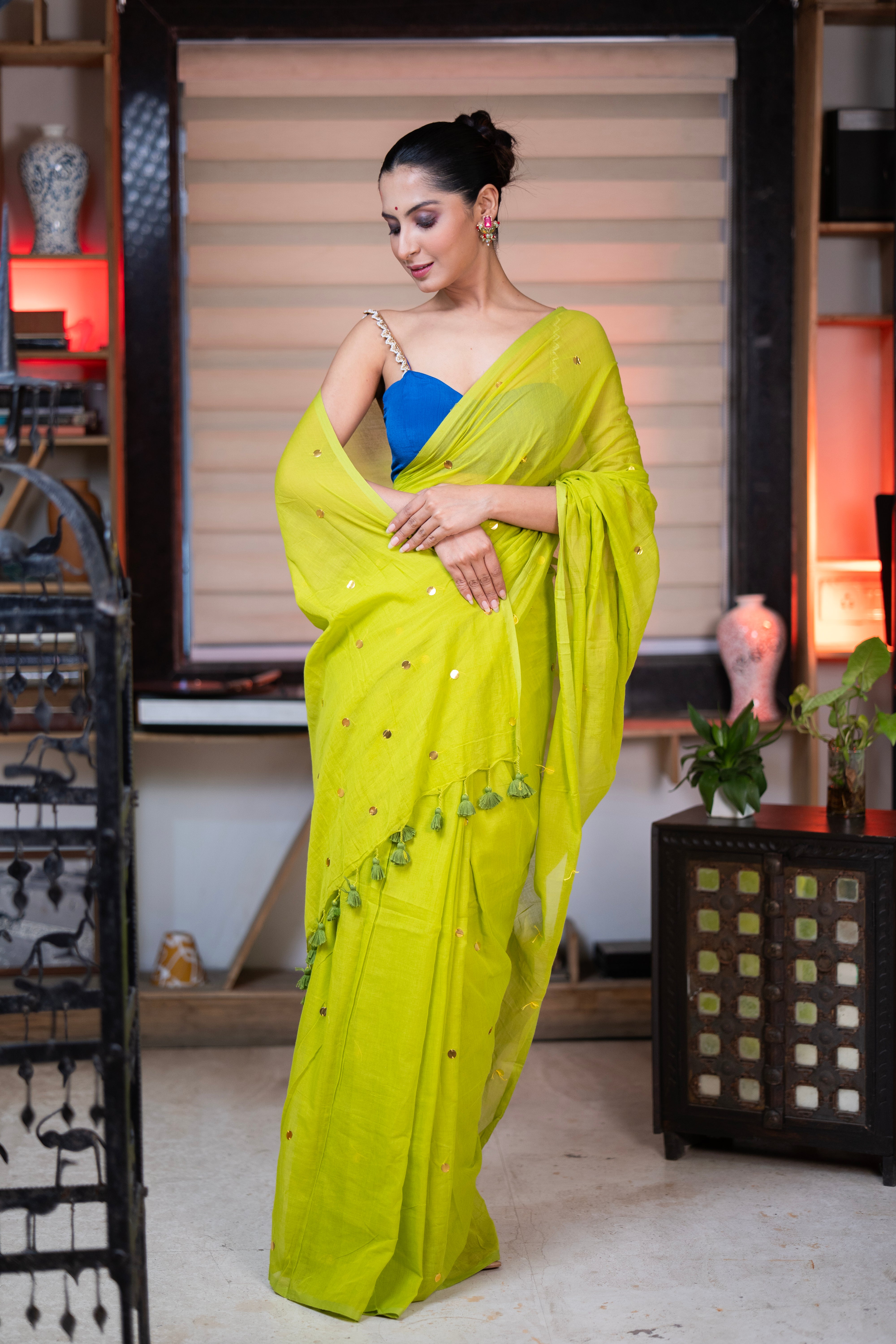 Lime Green Mul Mul Cotton Saree with Ginni Work