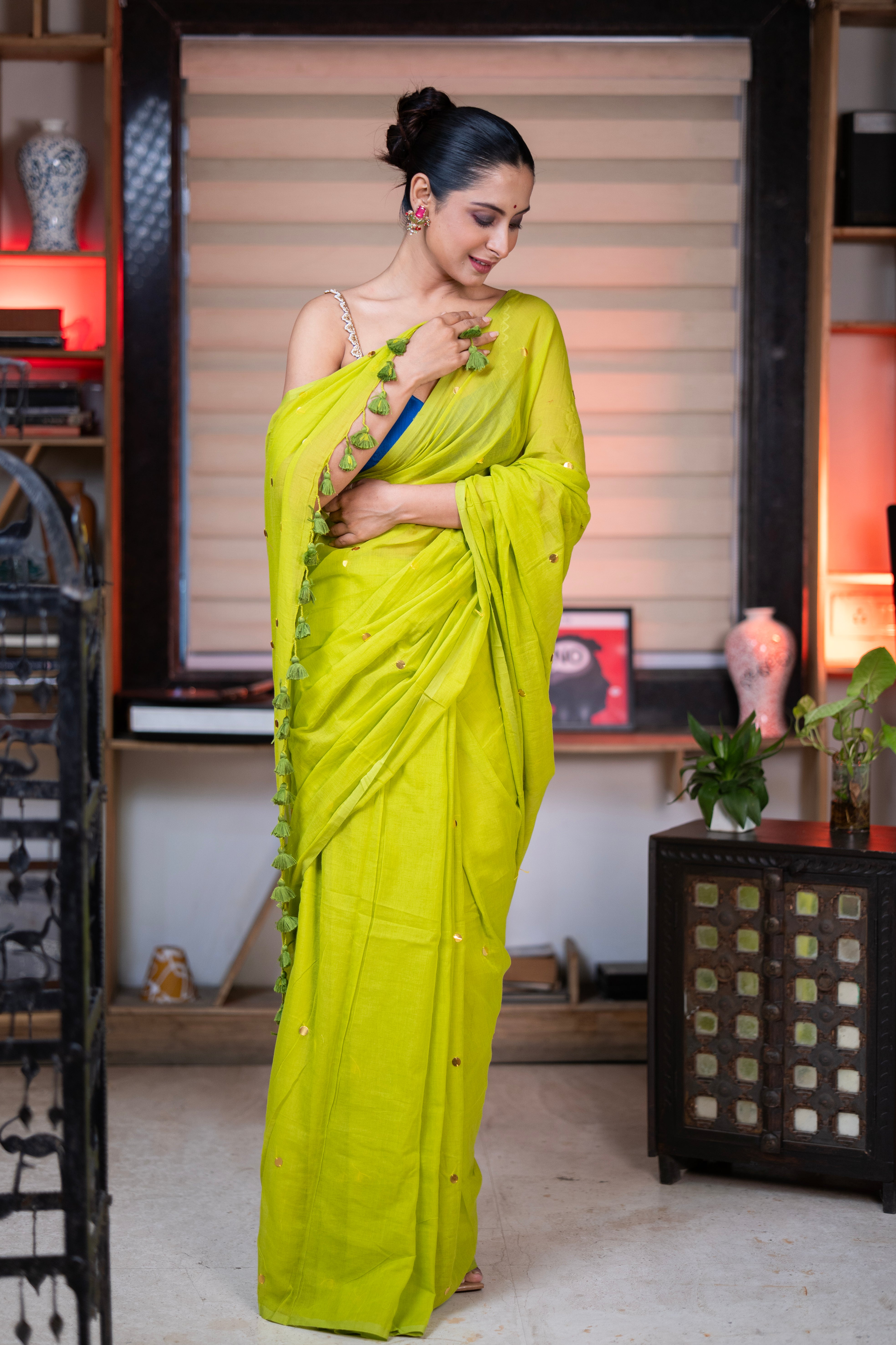 Lime Green Mul Mul Cotton Saree with Ginni Work