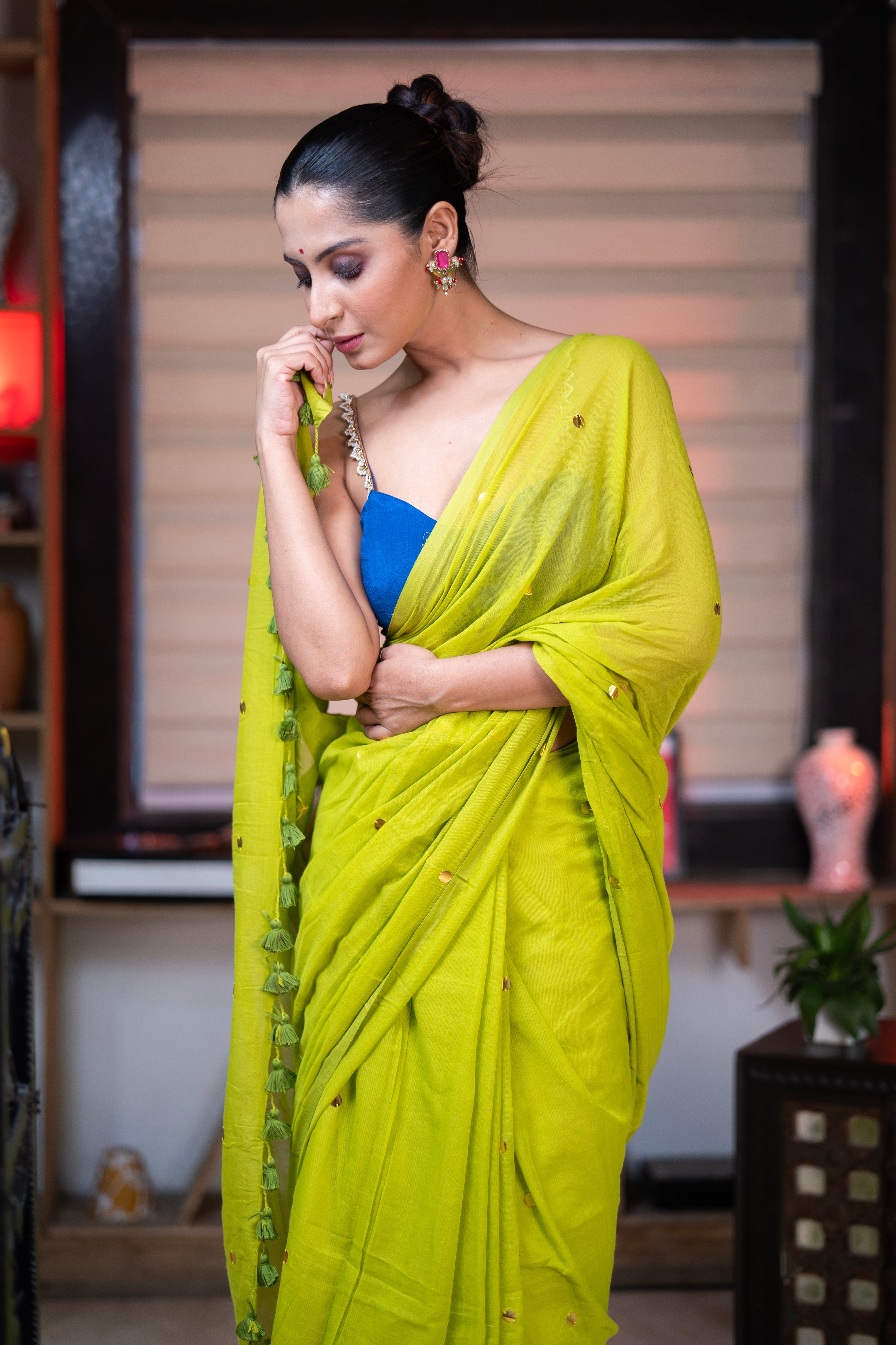Lime Green Mul Mul Cotton Saree with Ginni Work
