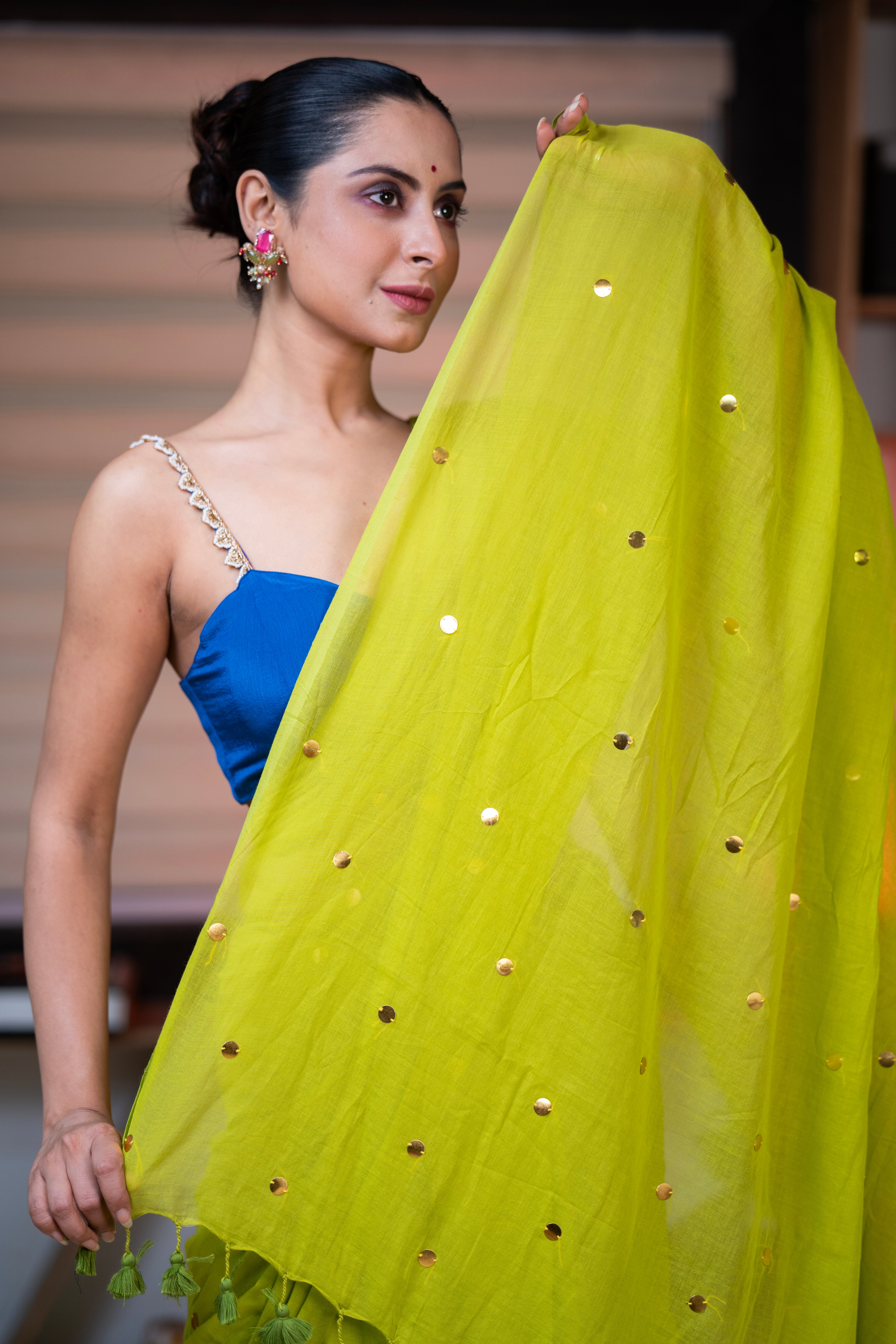 Lime Green Mul Mul Cotton Saree with Ginni Work