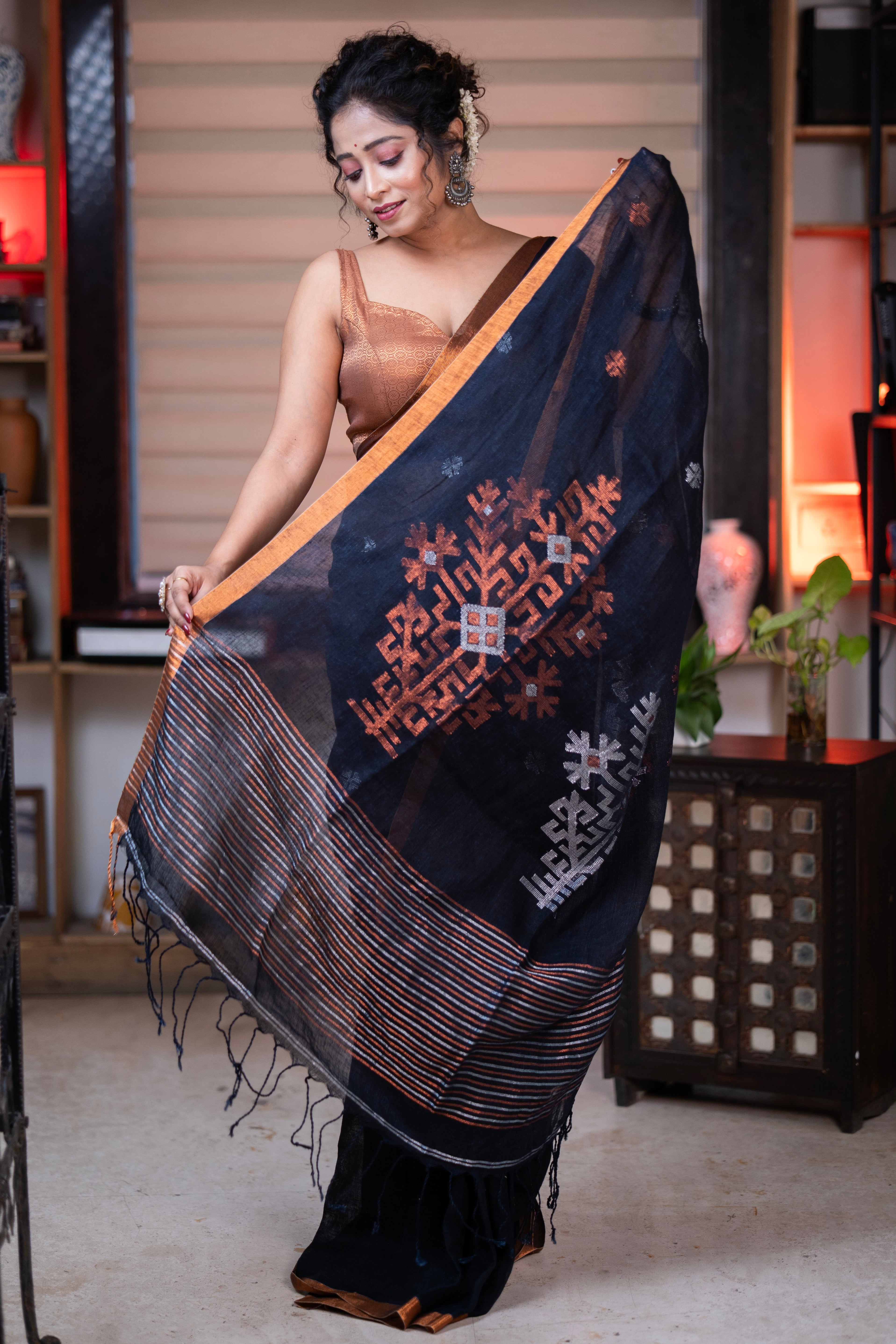 Black Swastik Linen Handwoven Jamdani Saree