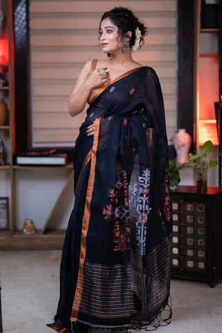 Black Swastik Linen Handwoven Jamdani Saree with blouse piece