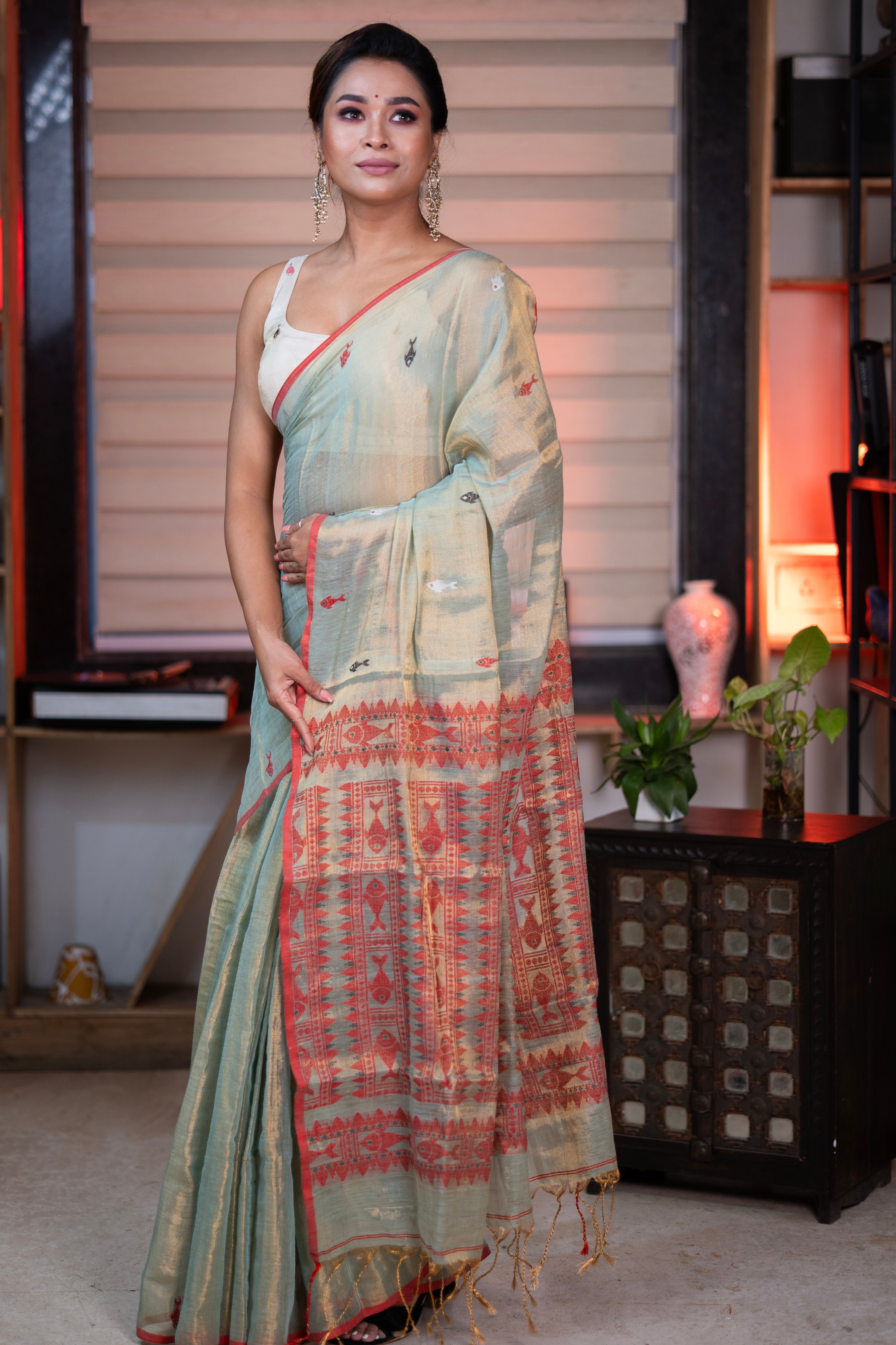 Metallic Mint green Tissue Linen Handwoven Saree