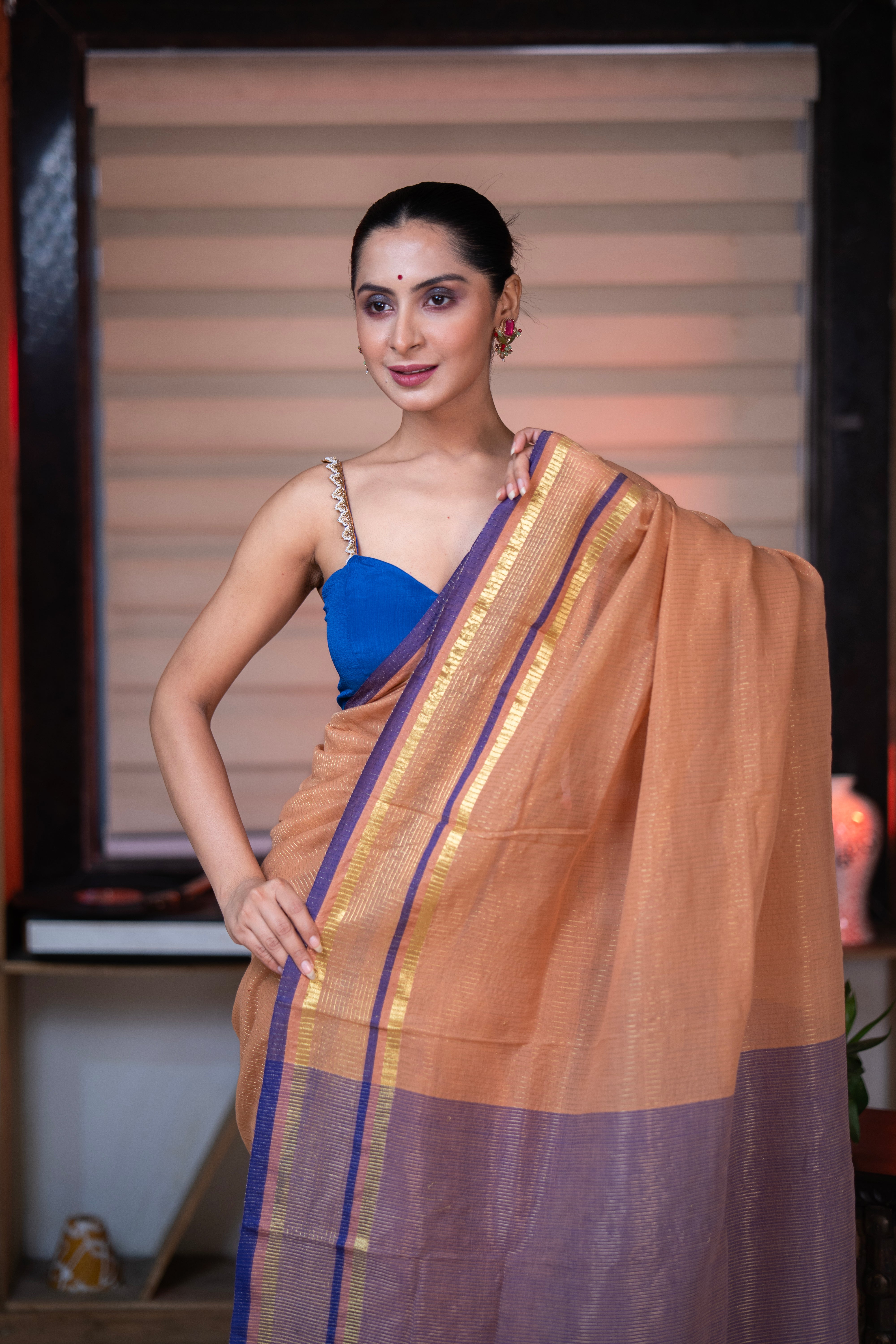 Hemlata Golden Check Mulmul Cotton Saree- Camel Golden