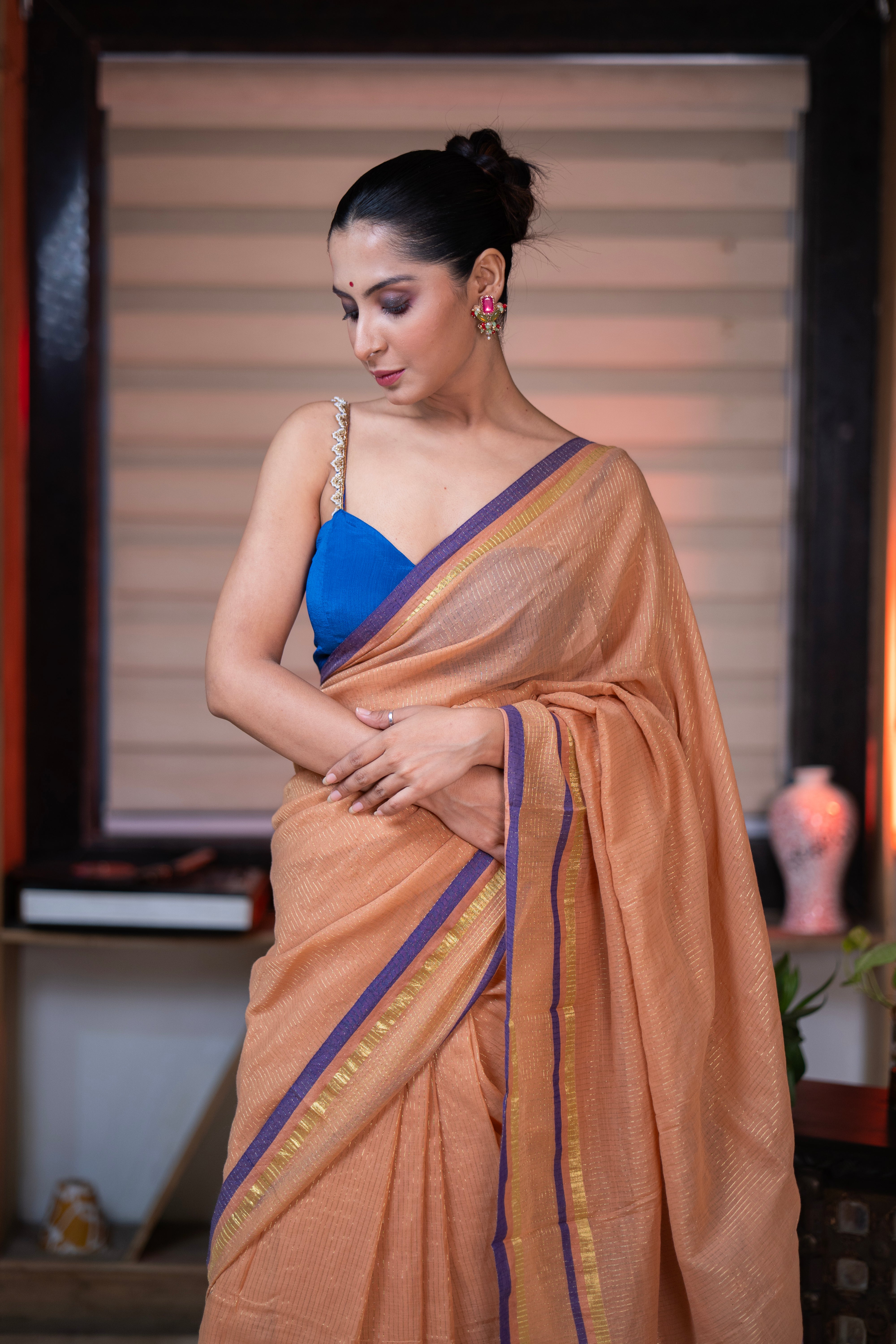 Hemlata Golden Check Mulmul Cotton Saree- Camel Golden