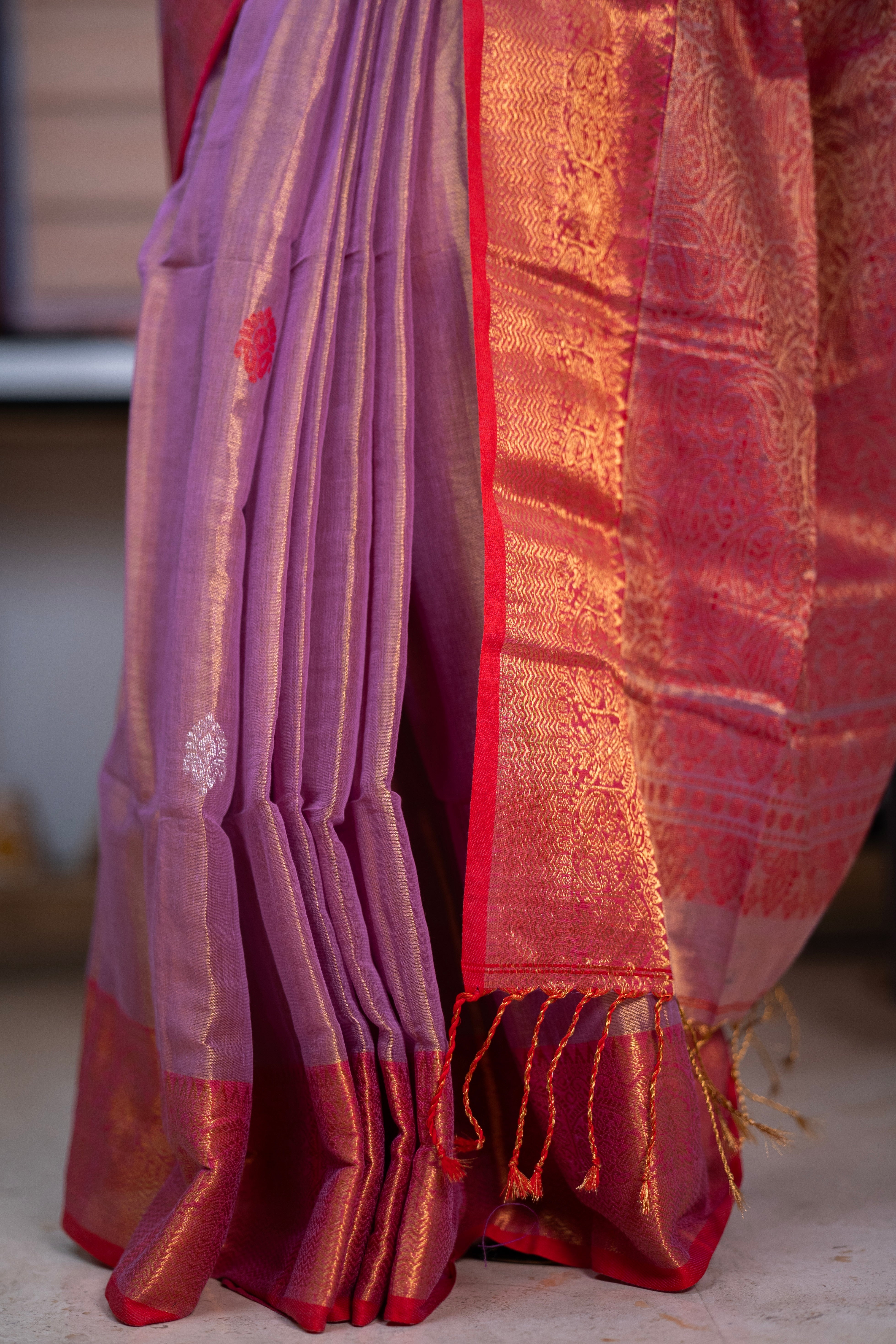 Metallic bubble Pink dual Tissue Linen Handwoven Saree