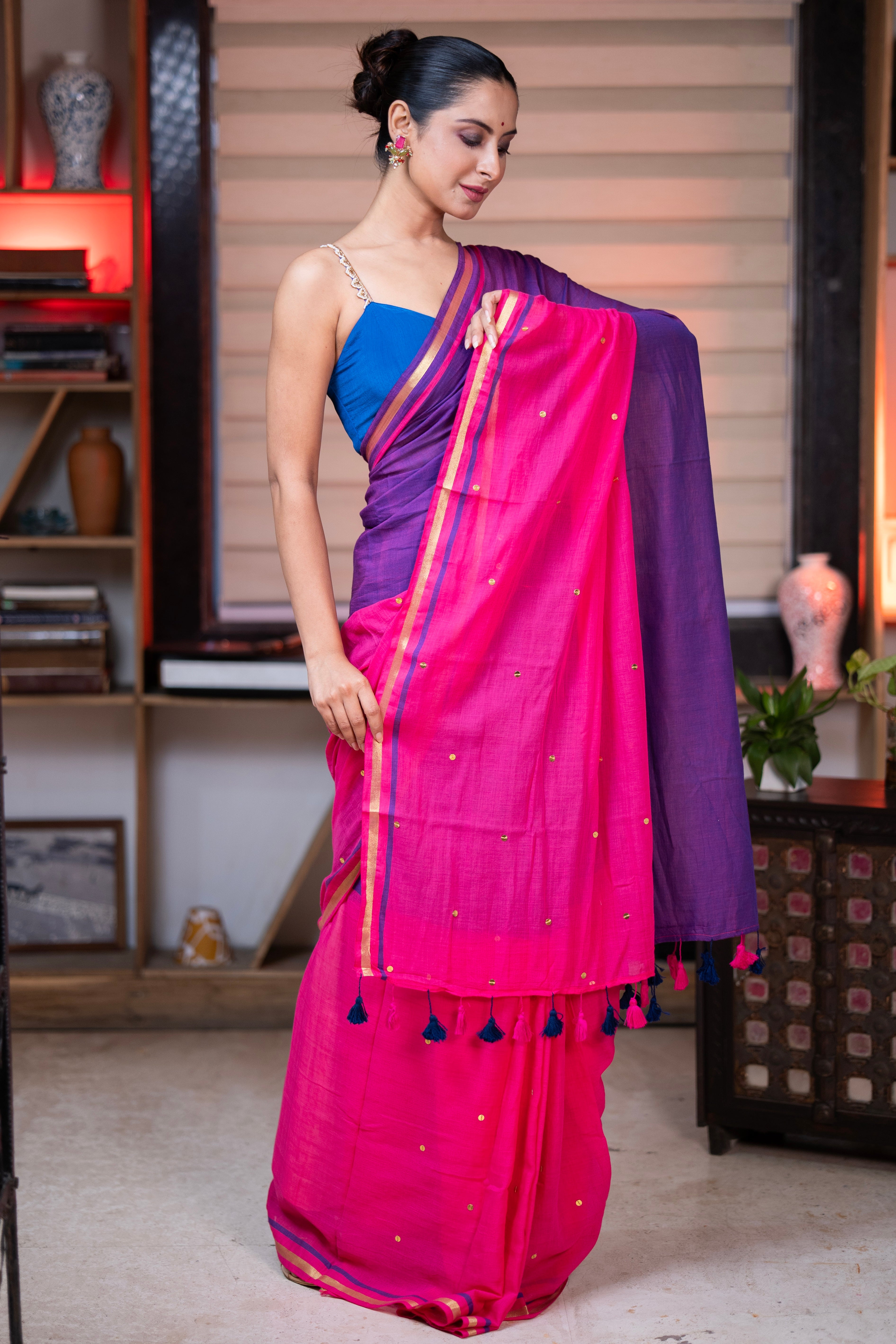 Aarini Mulmul Cotton Half-Half Saree with gini- Zari Work - Blue Rani