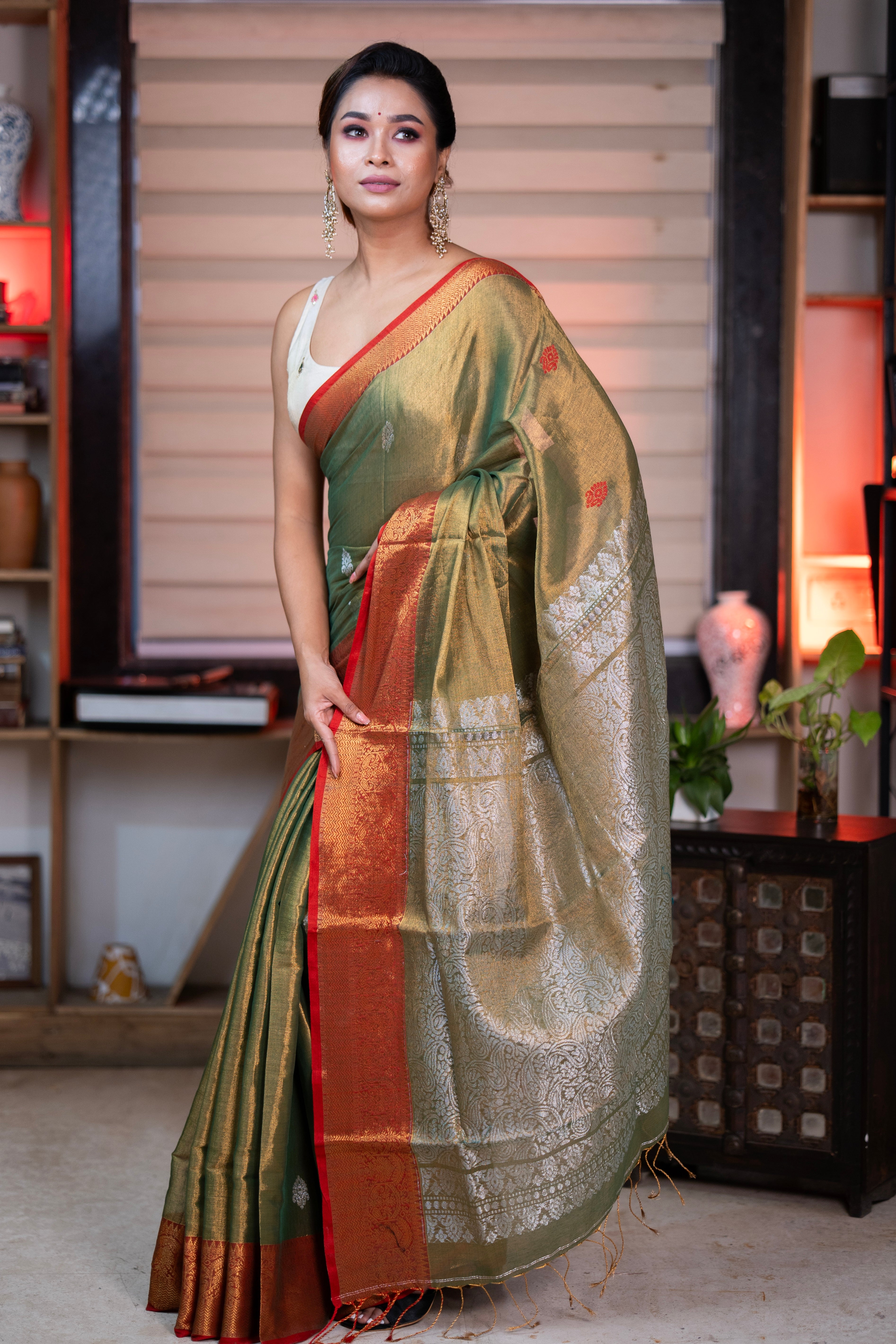 Metallic Olive Tissue Linen Handwoven Saree