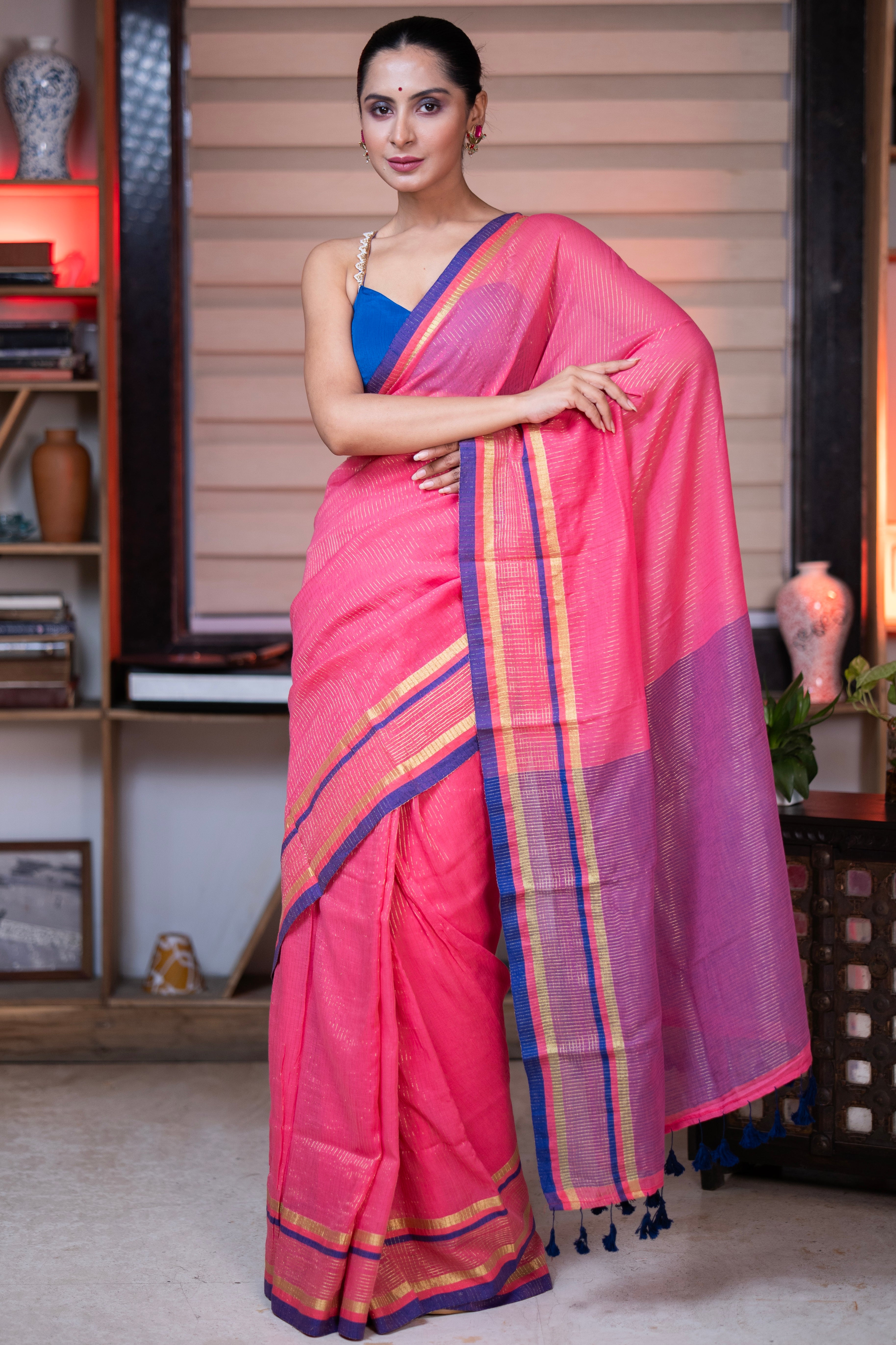 Kesariya Golden Check Mulmul Cotton Saree- Rose Pink