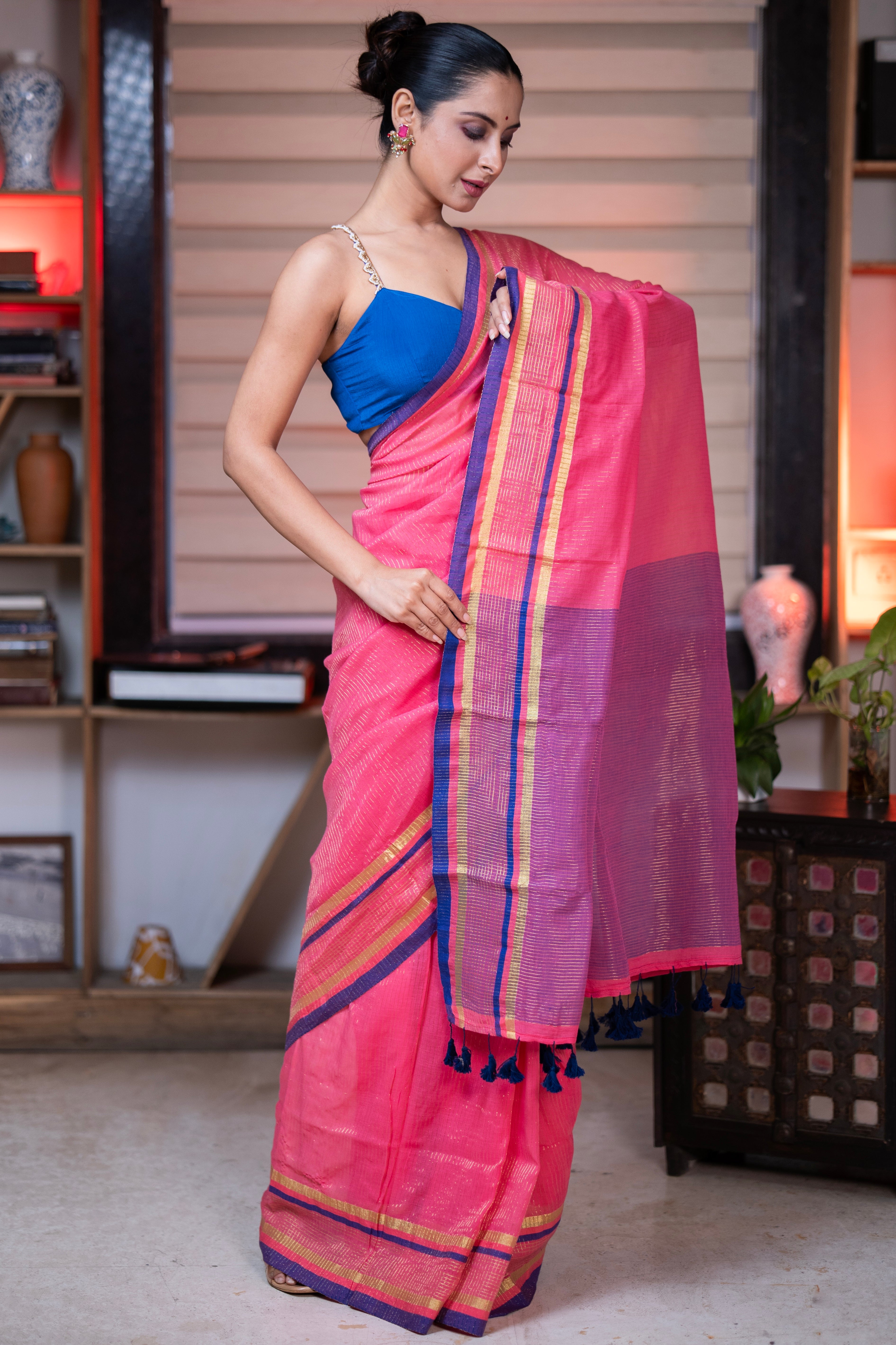 Kesariya Golden Check Mulmul Cotton Saree- Rose Pink