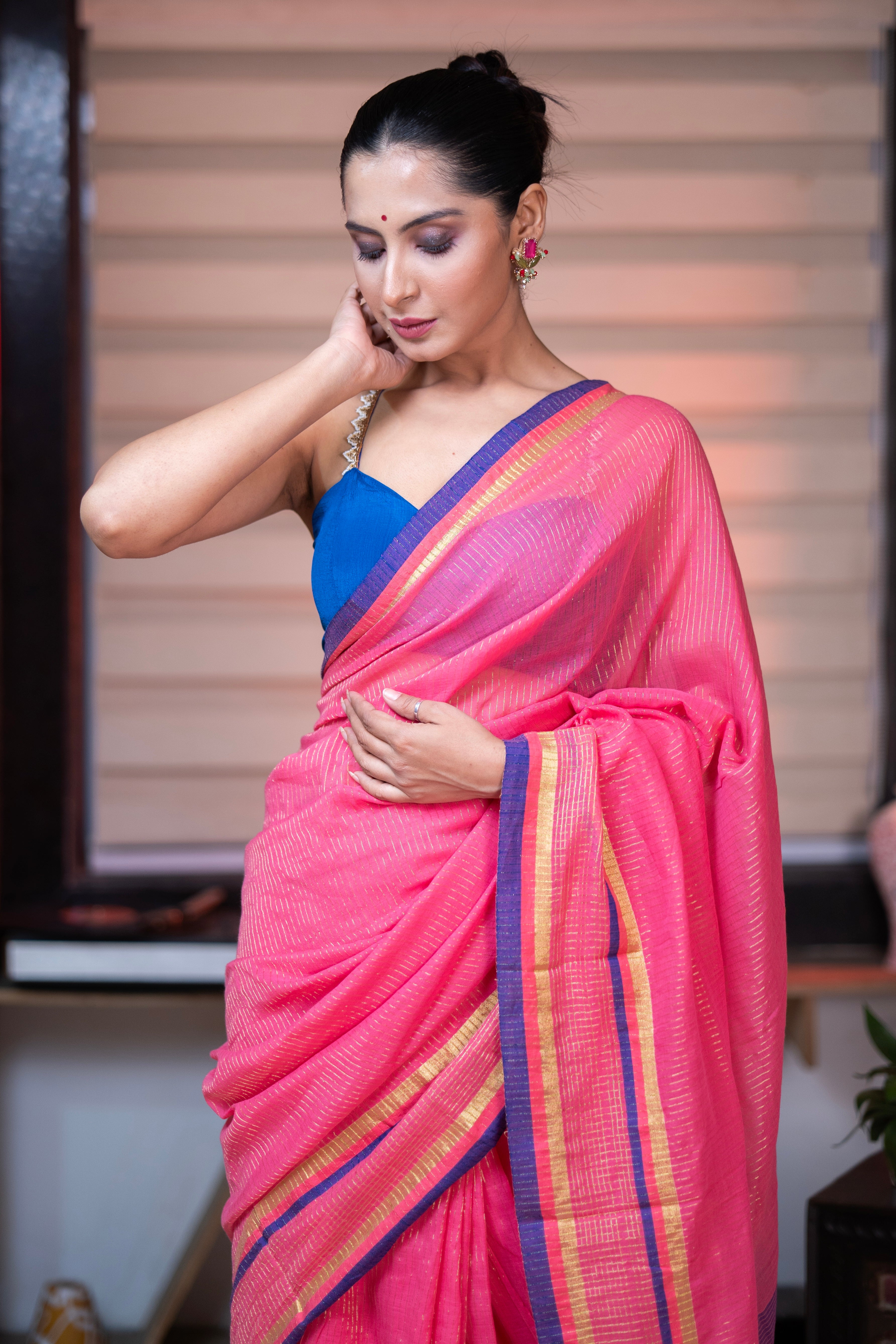 Kesariya Golden Check Mulmul Cotton Saree- Rose Pink