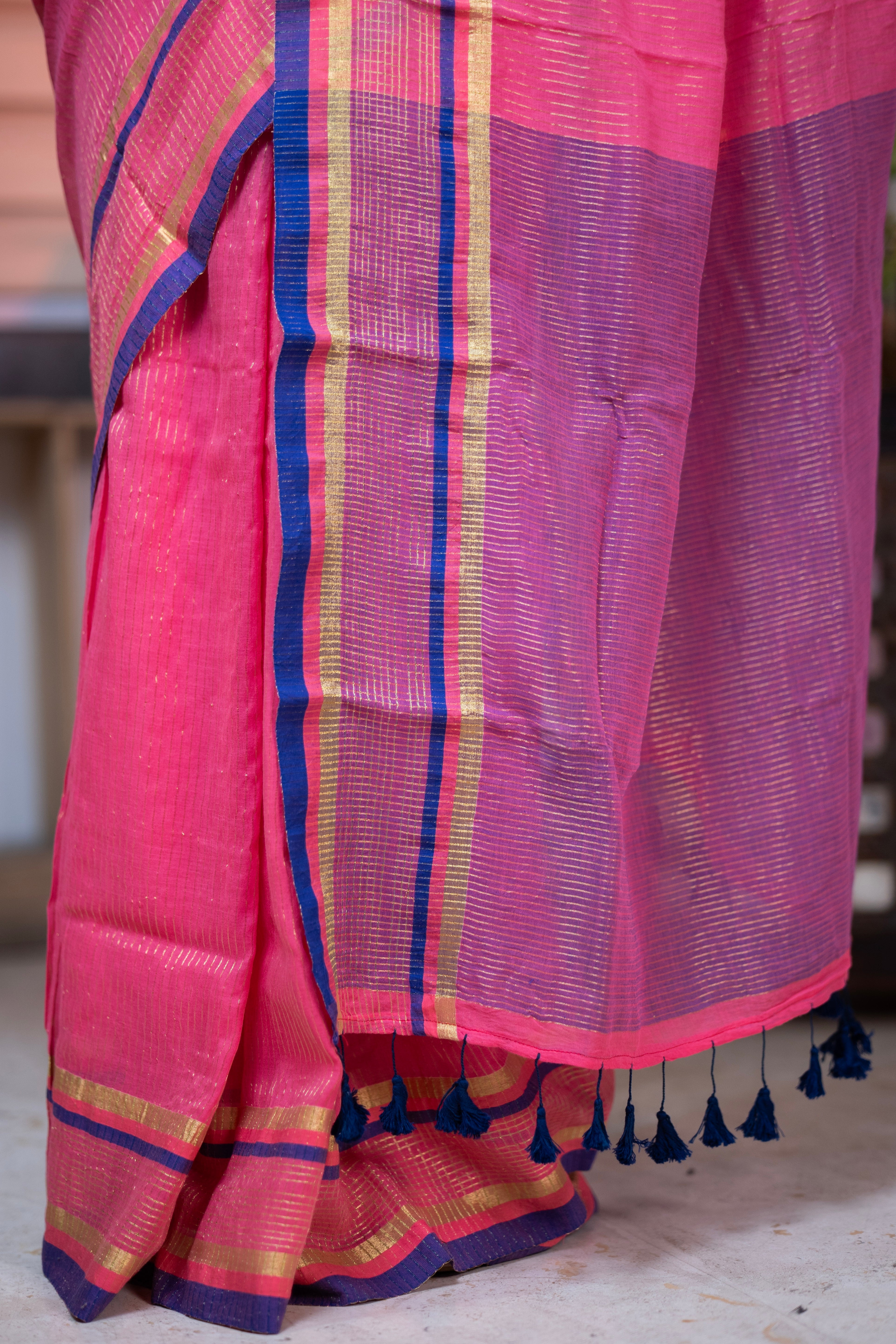 Kesariya Golden Check Mulmul Cotton Saree- Rose Pink