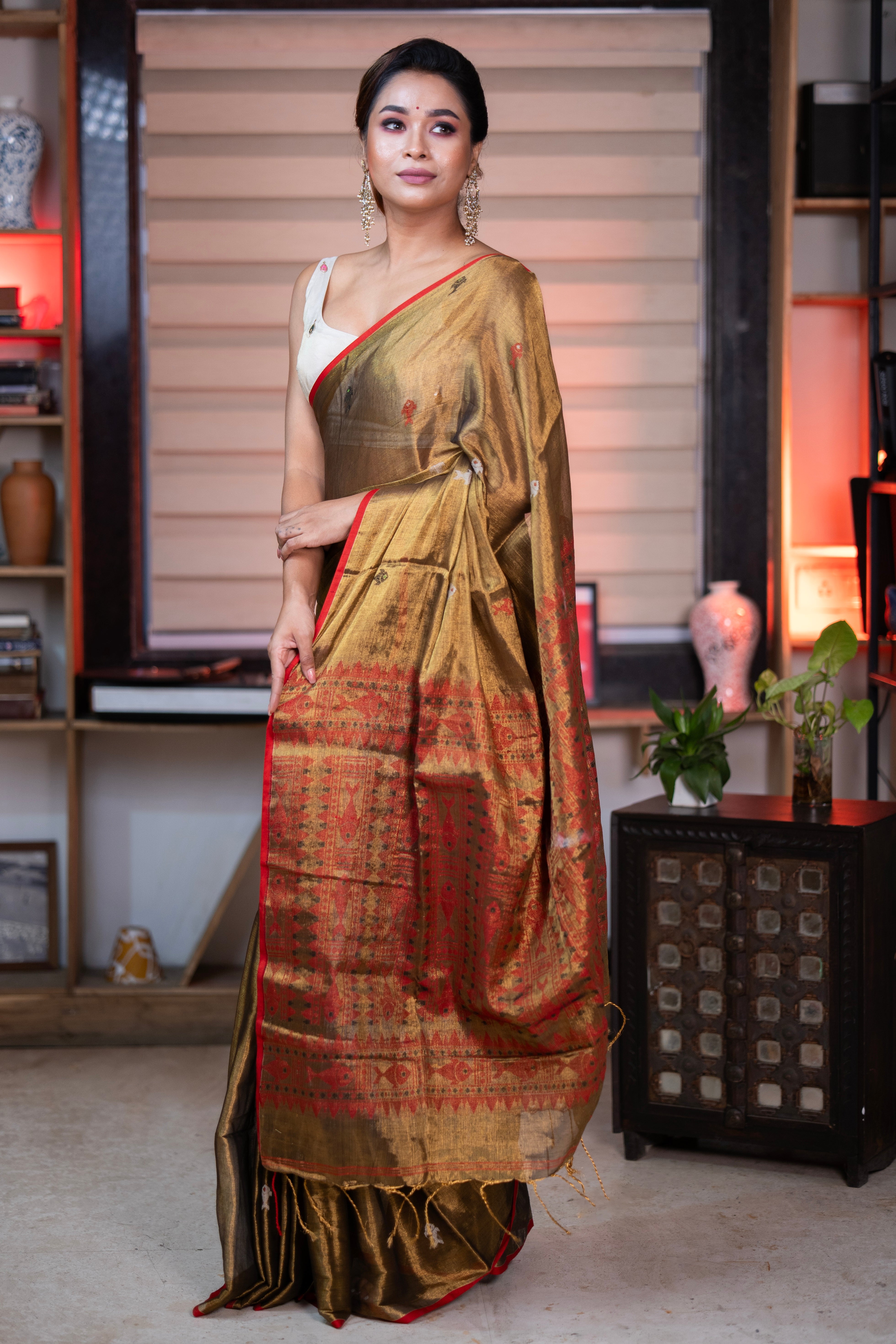 Metallic Copper Tissue Linen Handwoven Saree