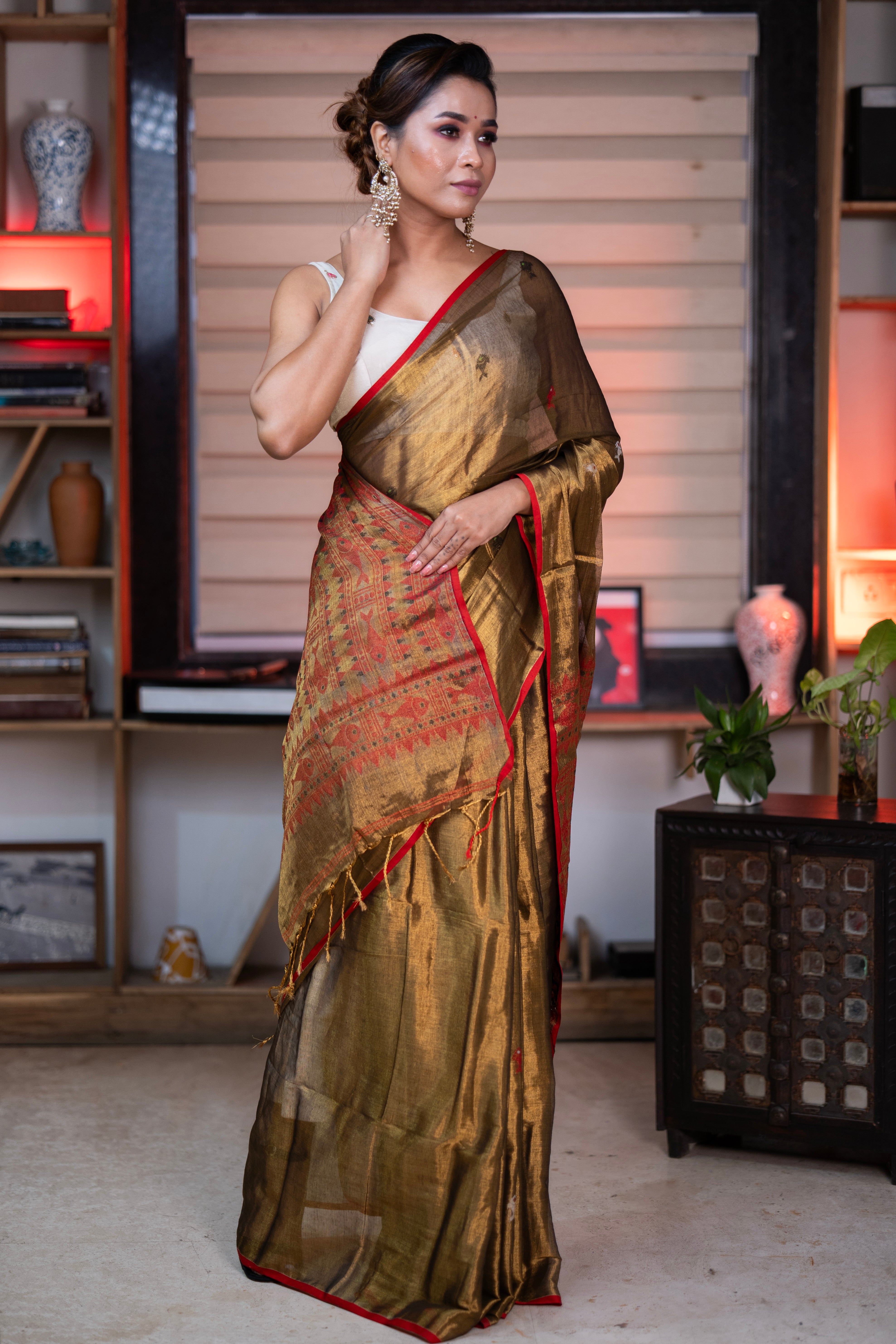 Metallic Copper Tissue Linen Handwoven Saree