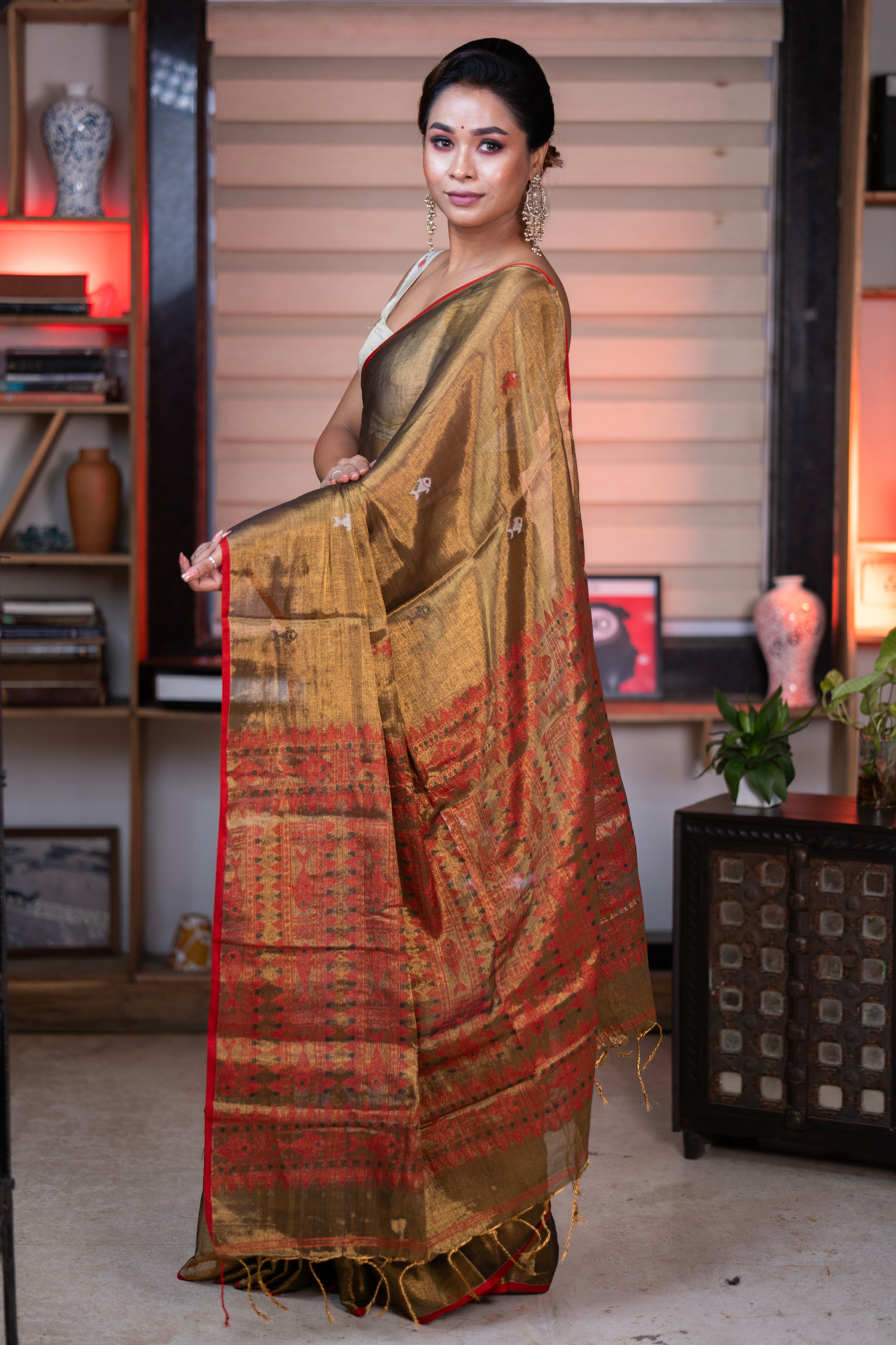 Metallic Copper Tissue Linen Handwoven Saree