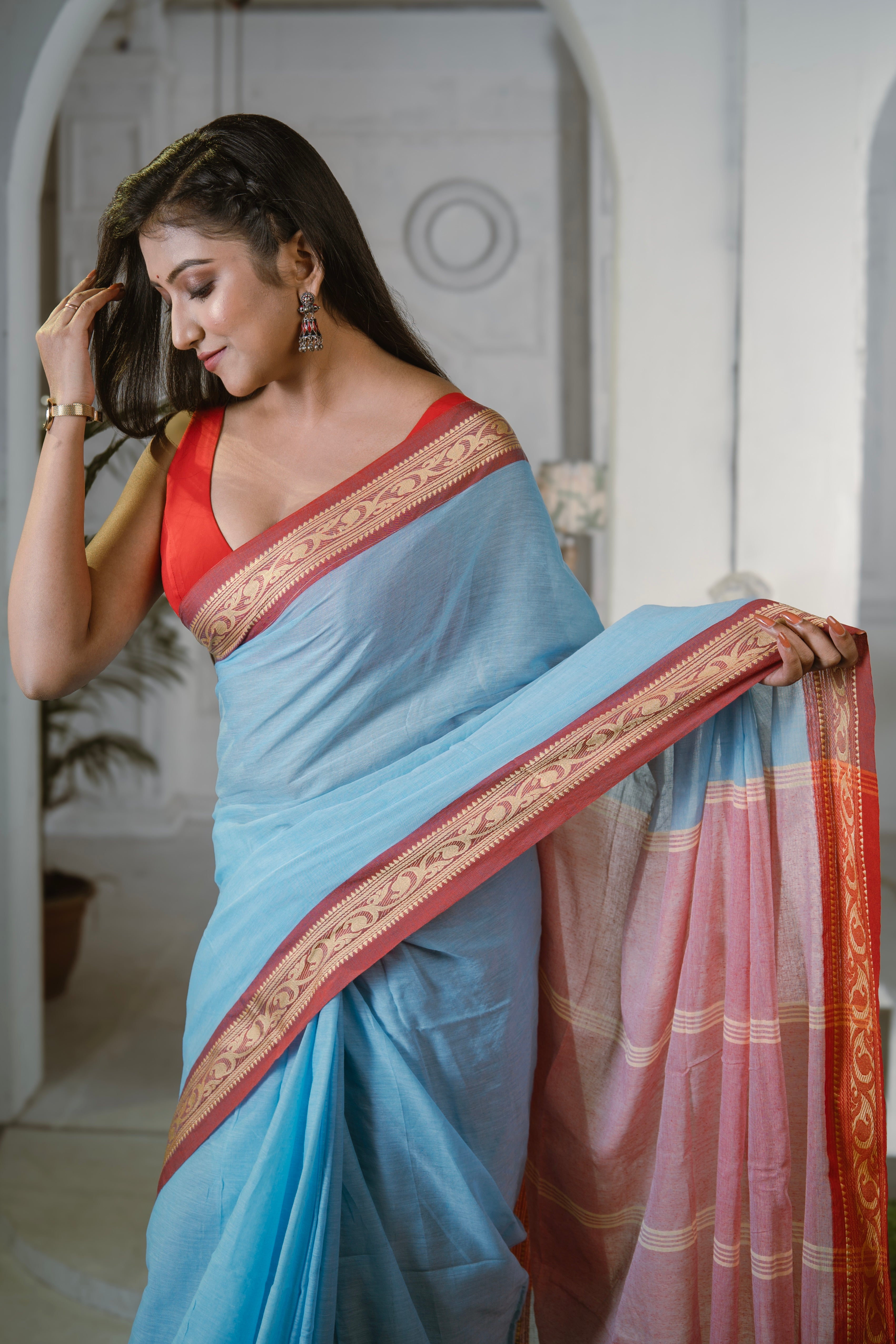 Handwoven Mulmul Cotton Saree- Blue