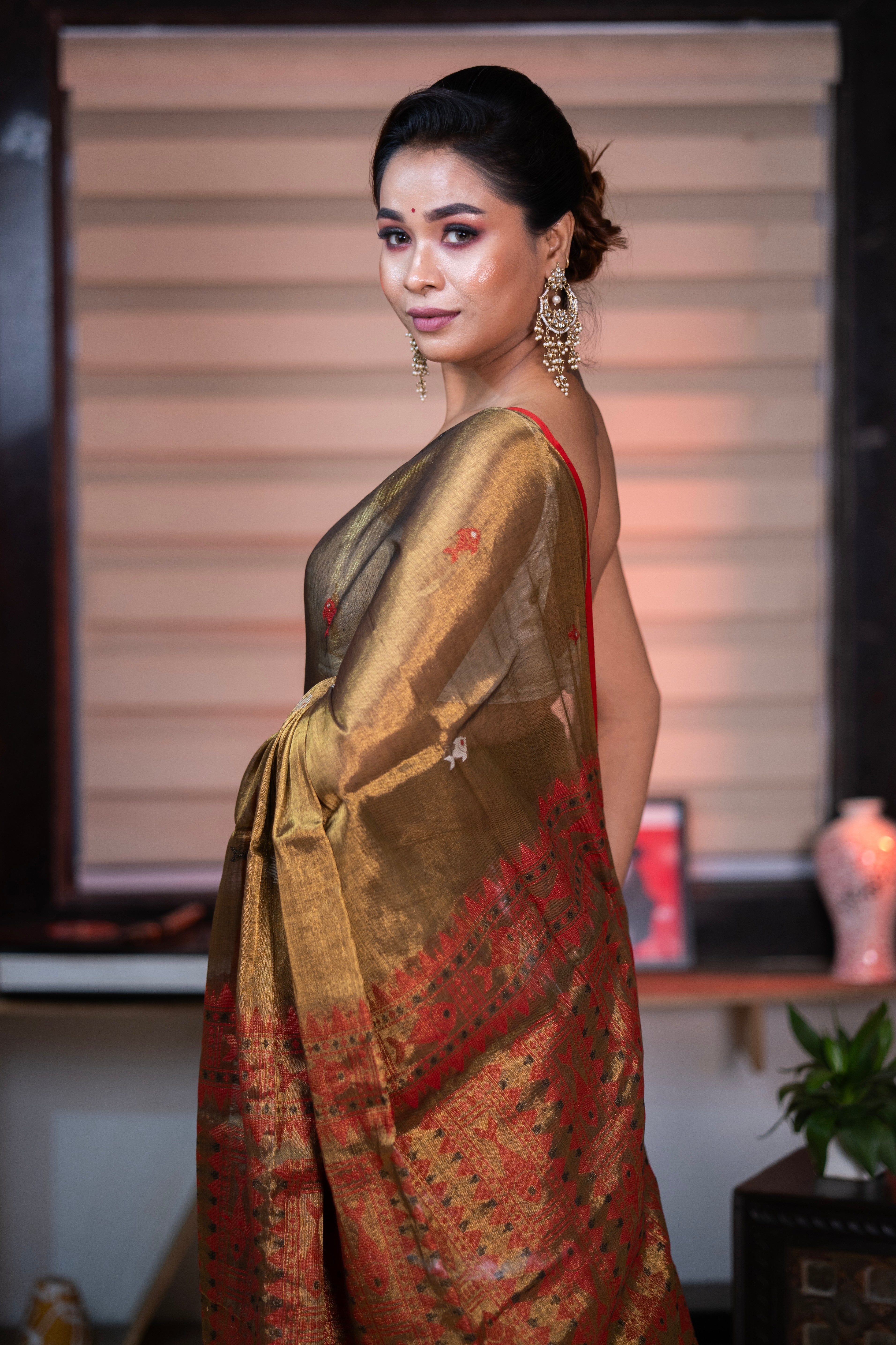 Metallic Copper Tissue Linen Handwoven Saree