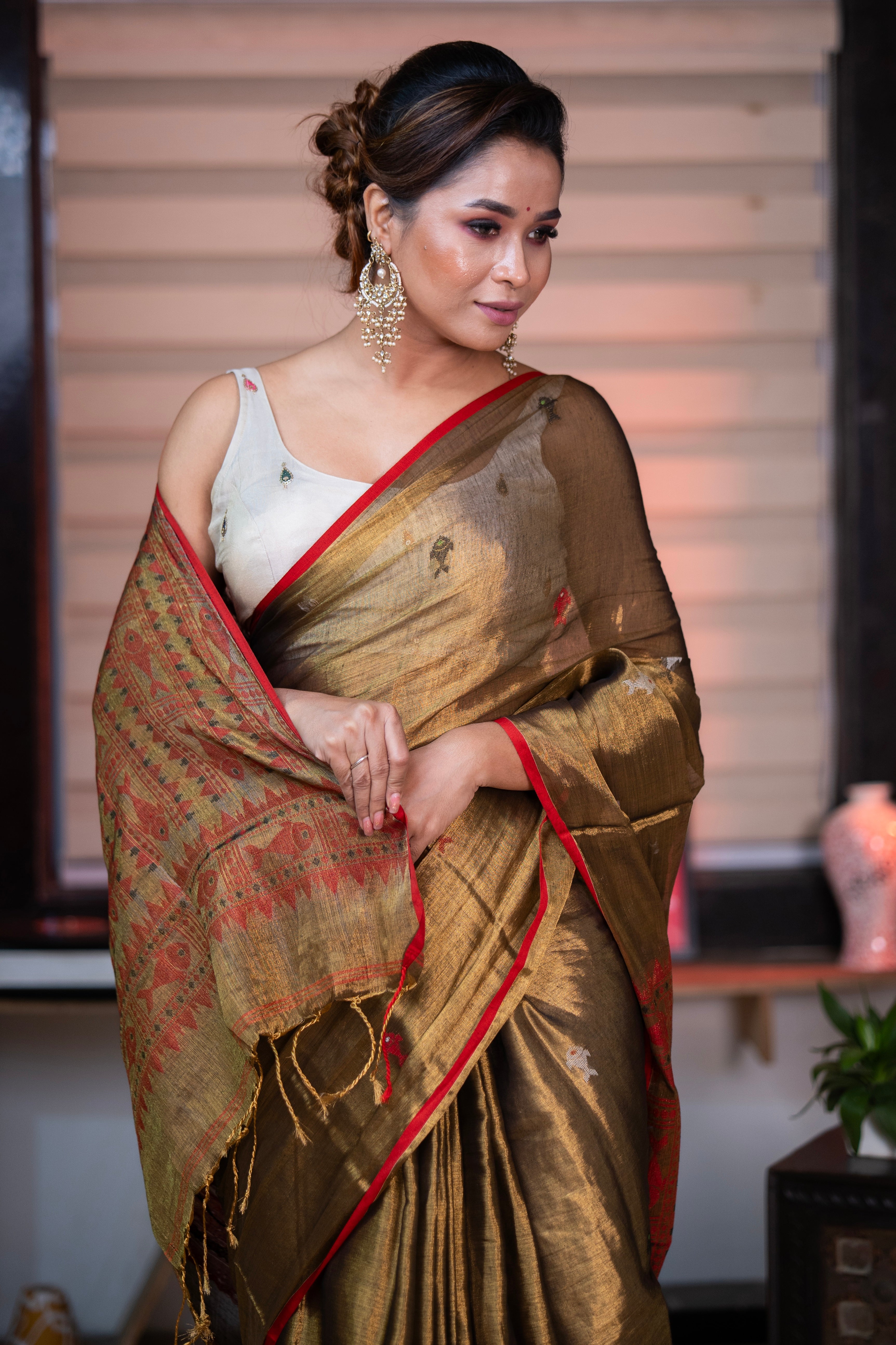 Metallic Copper Tissue Linen Handwoven Saree