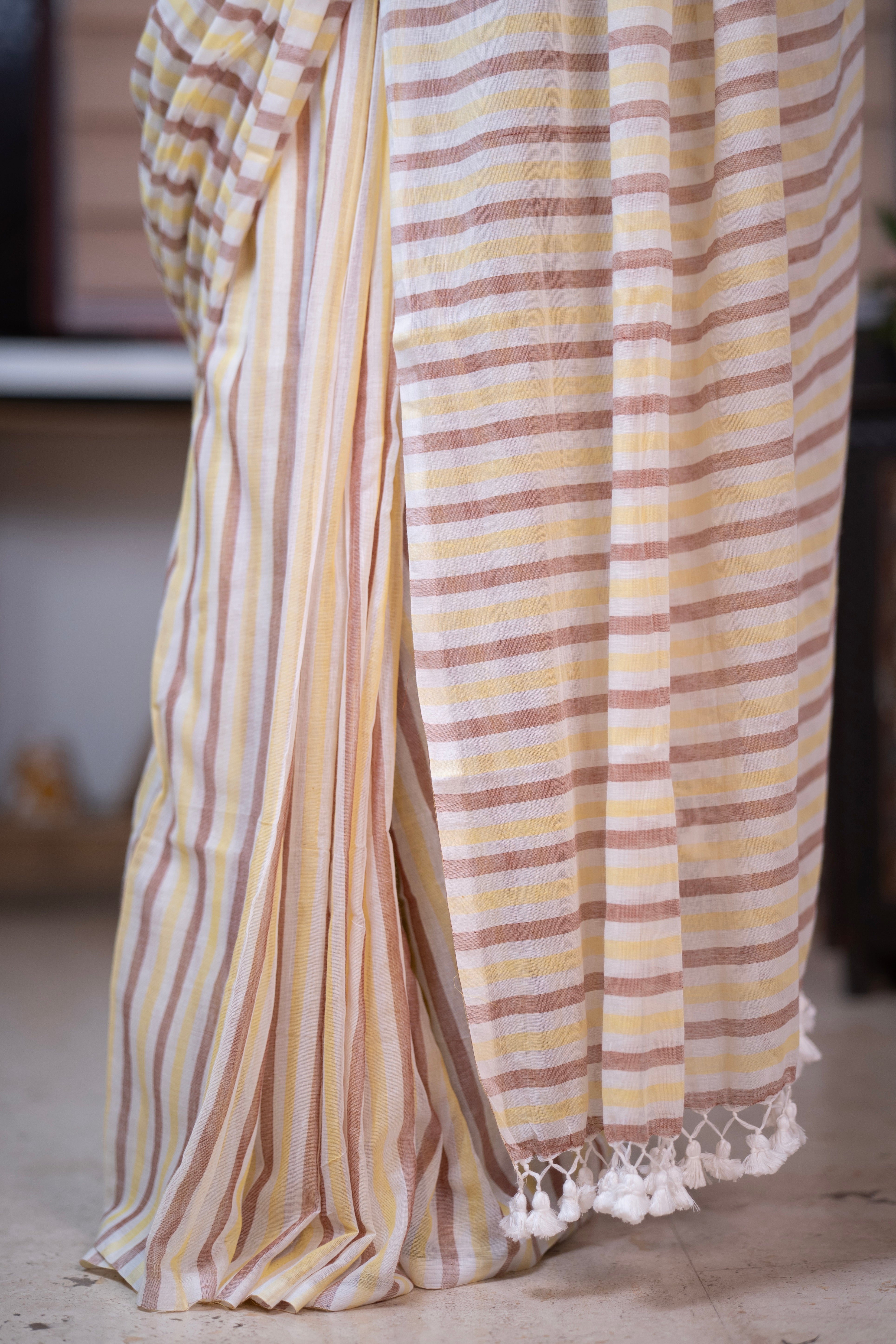 Yellow & Brown Multicolour Stripes Mul Mul Cotton Saree