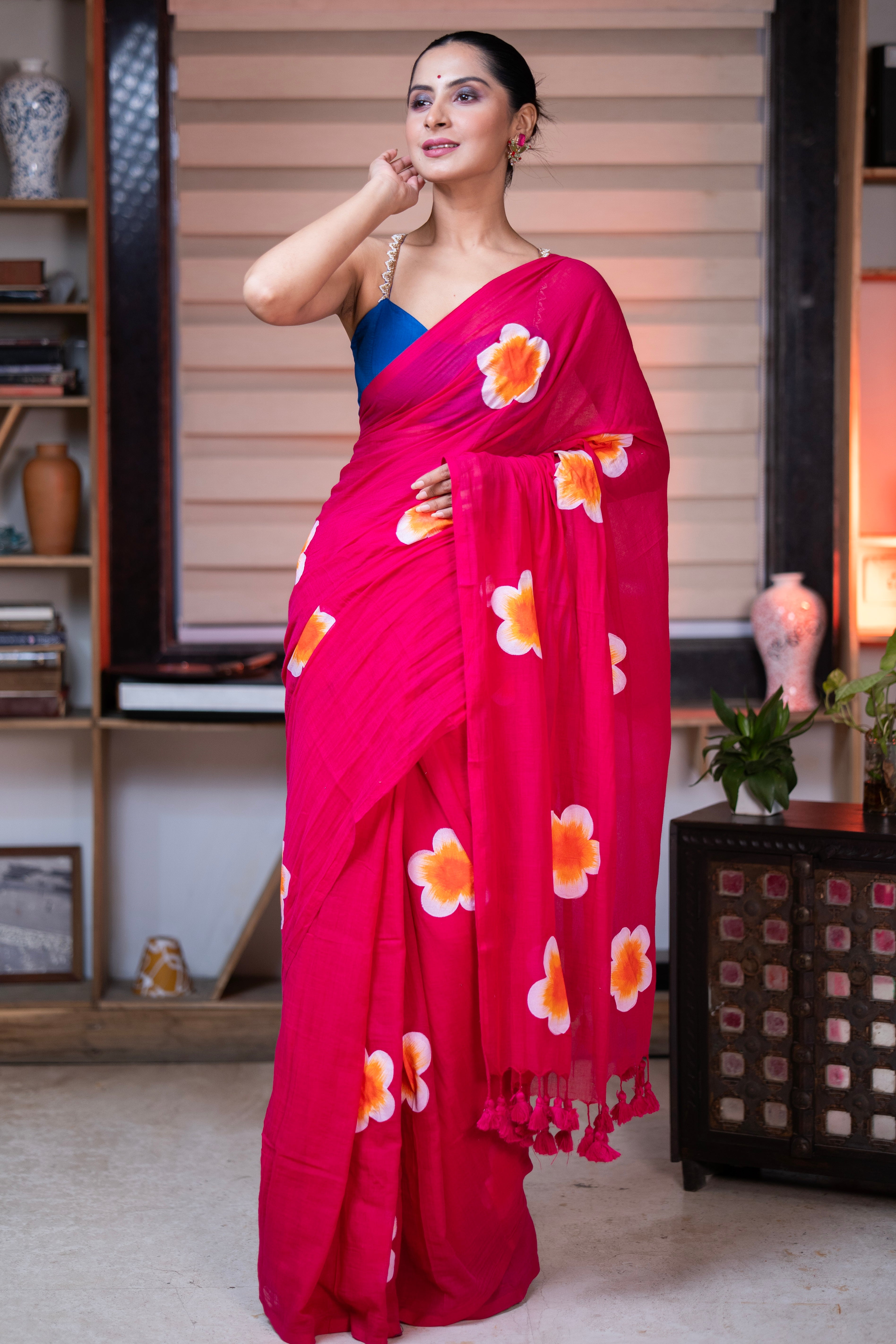 Rani Hand-Printed Floral Mulmul Cotton Saree