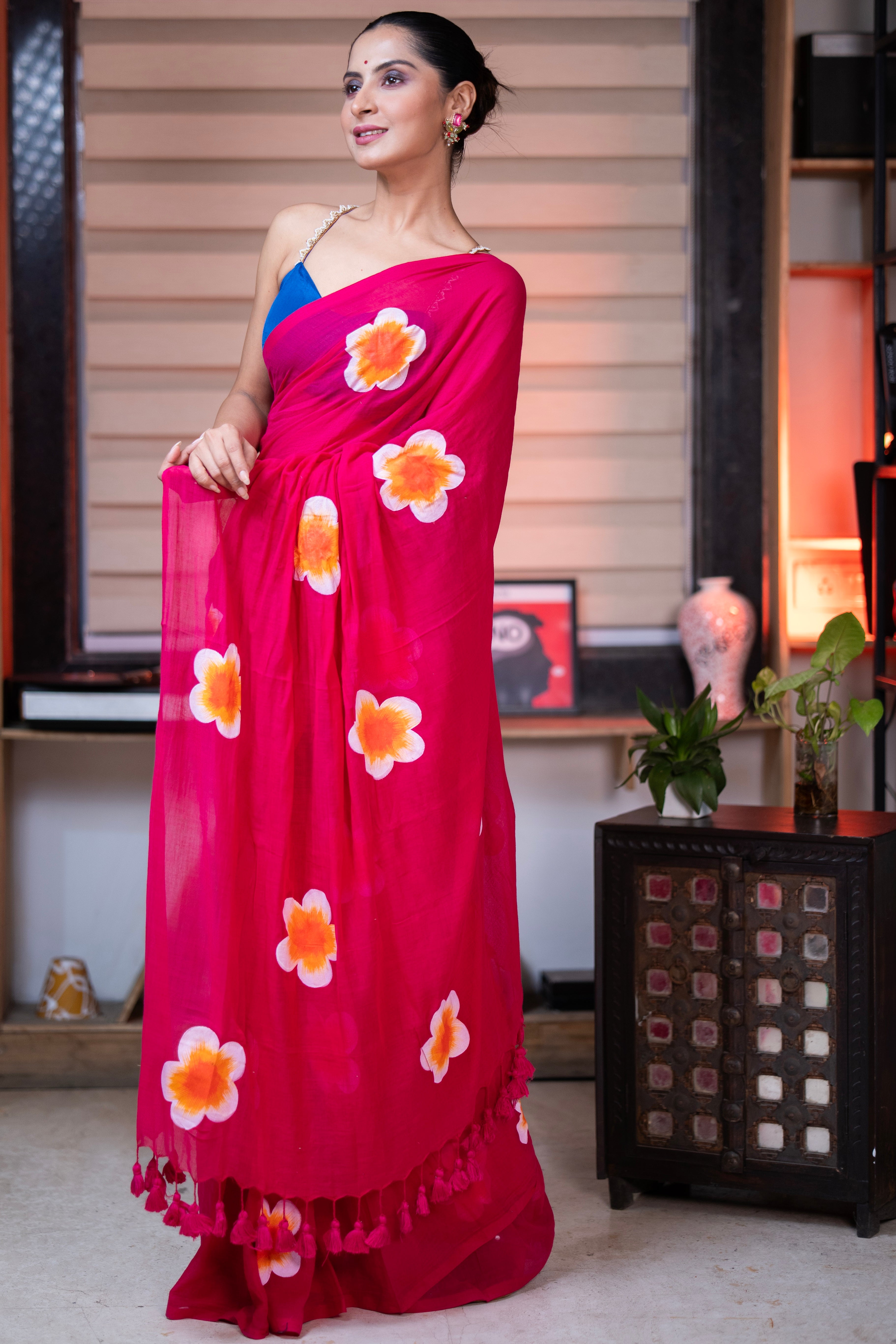Rani Hand-Printed Floral Mulmul Cotton Saree
