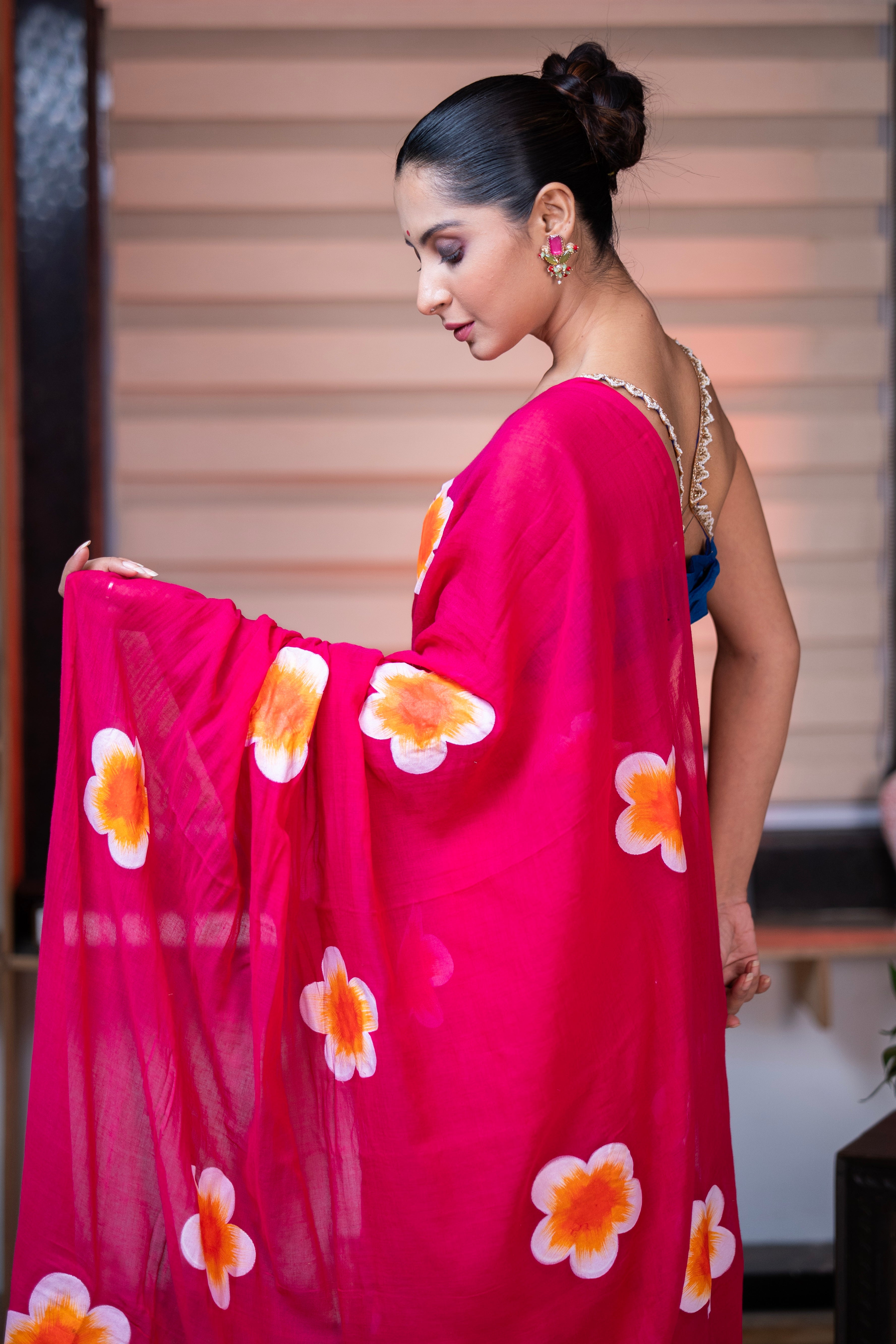 Rani Hand-Printed Floral Mulmul Cotton Saree