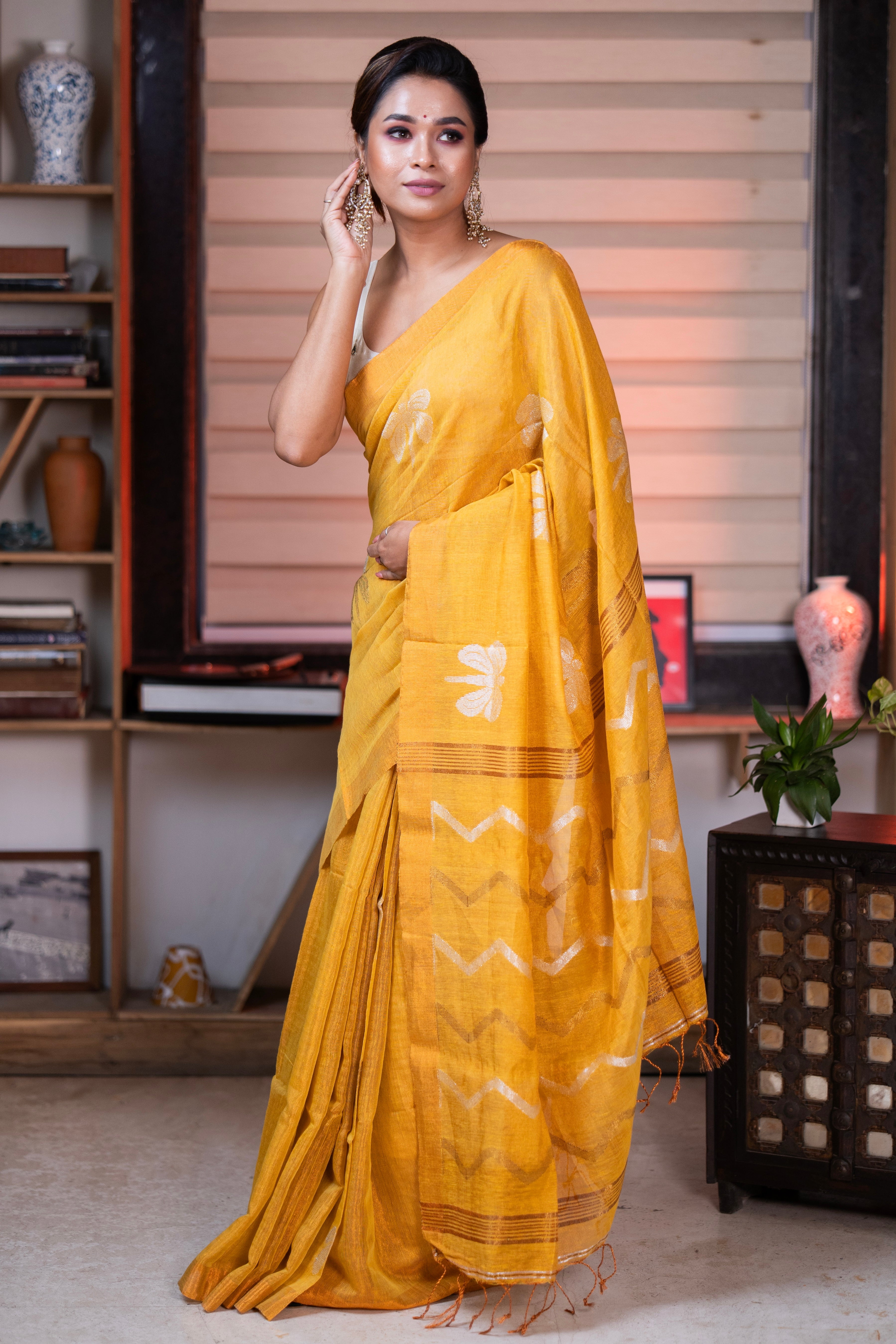Sunshine Yellow Pure Tissue Linen Butterfly Hand Woven Saree