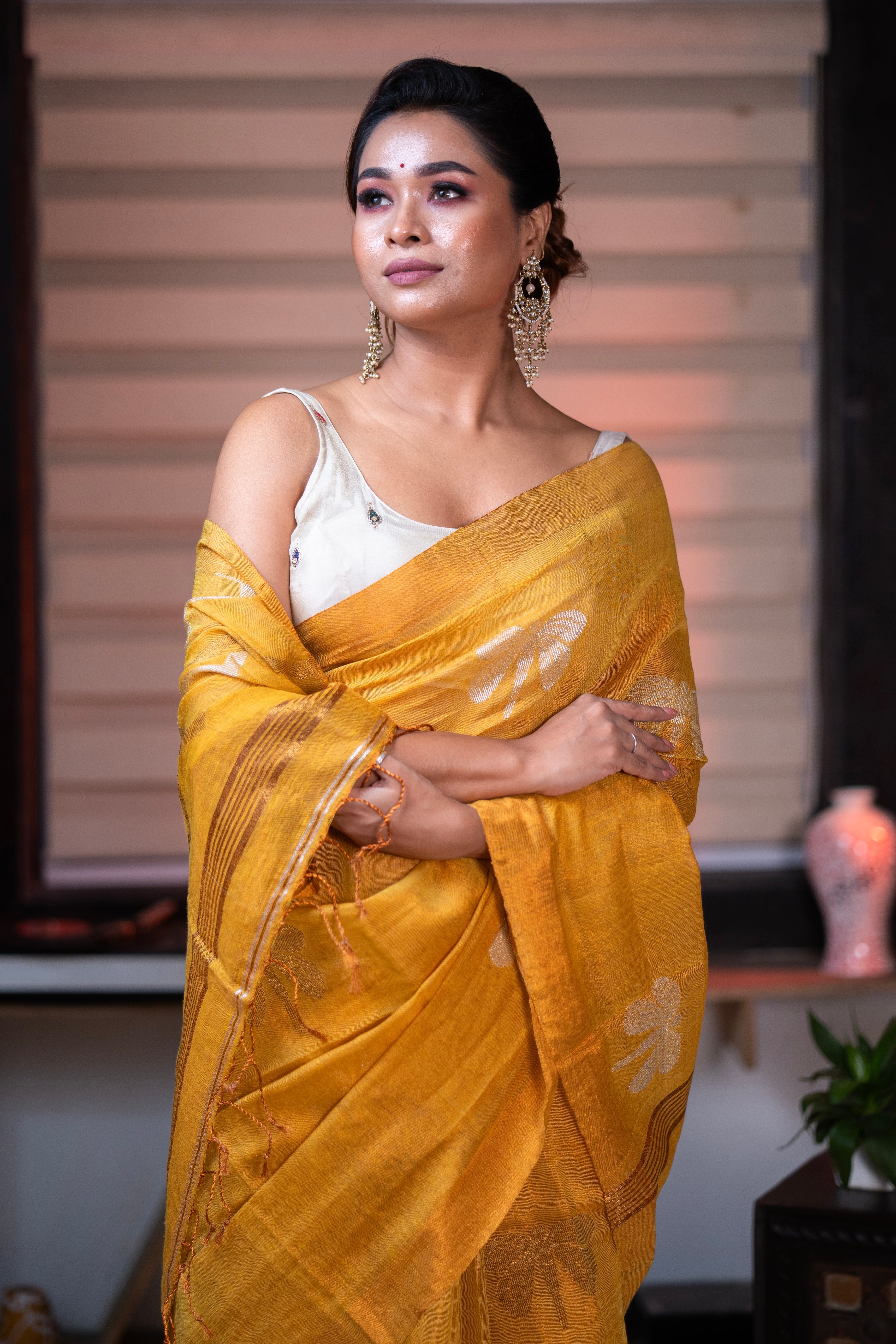 Sunshine Yellow Pure Tissue Linen Butterfly Hand Woven Saree