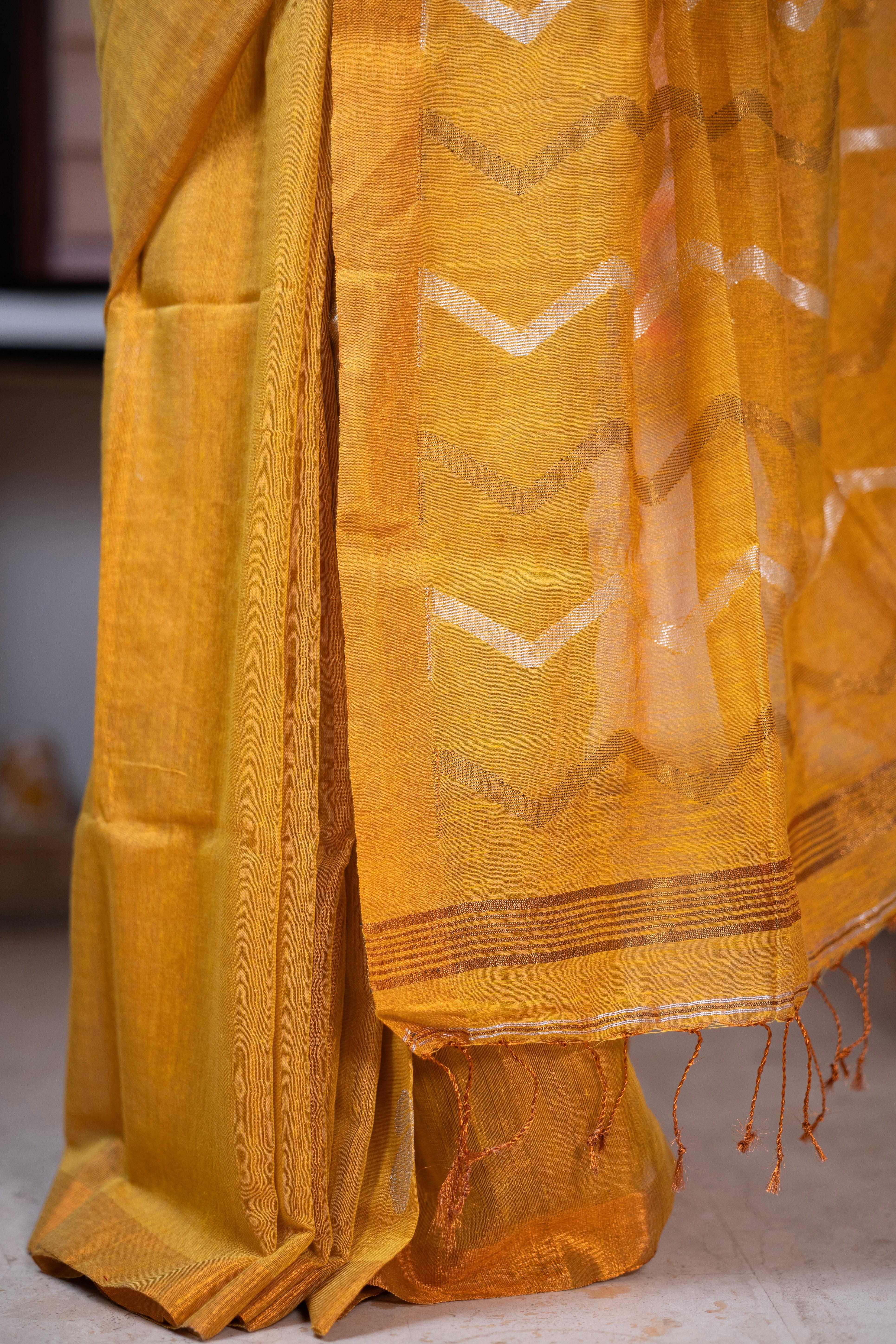 Sunshine Yellow Pure Tissue Linen Butterfly Hand Woven Saree