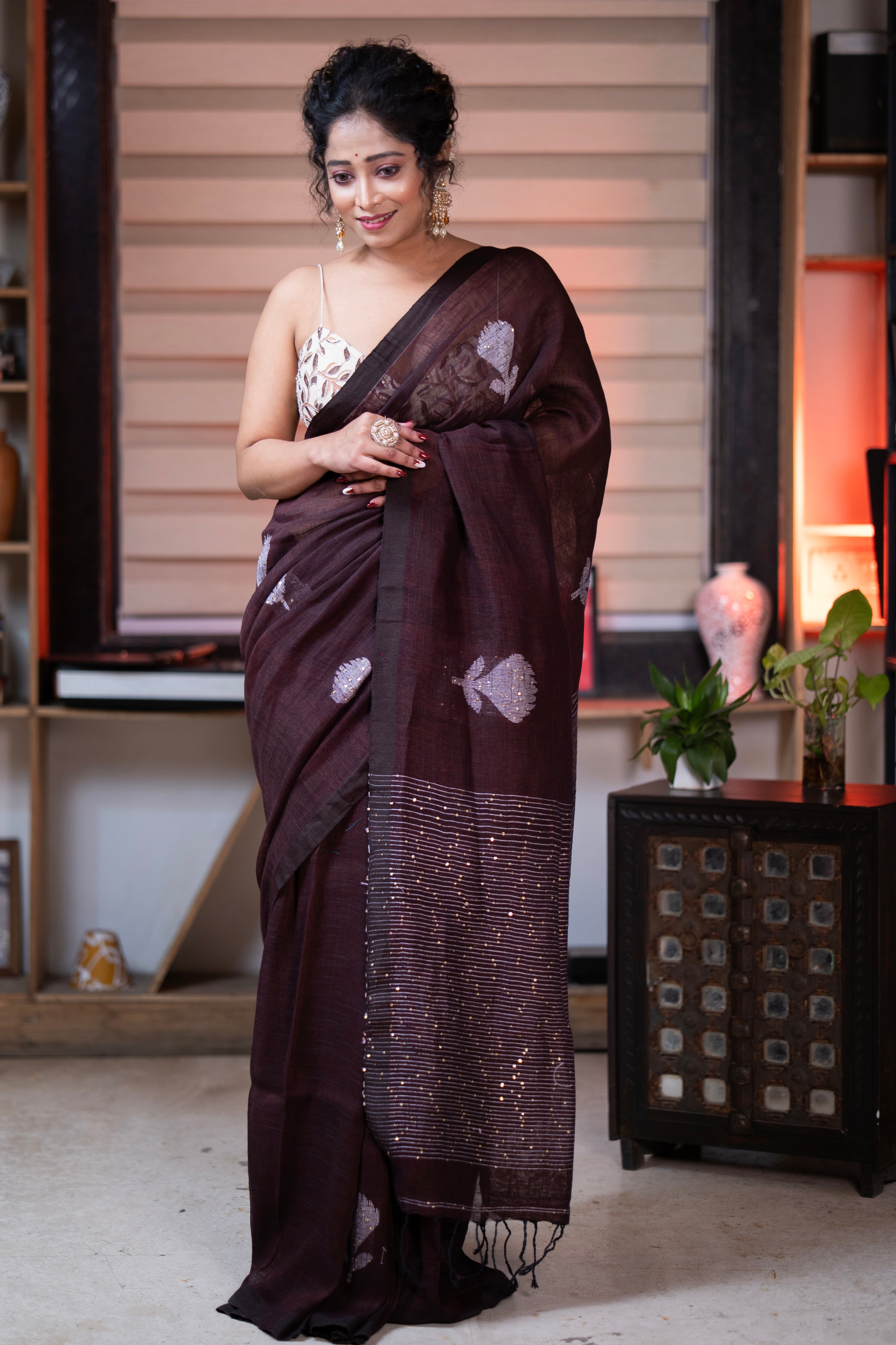 Brown Rose Handwoven Linen Saree with Sequence Work