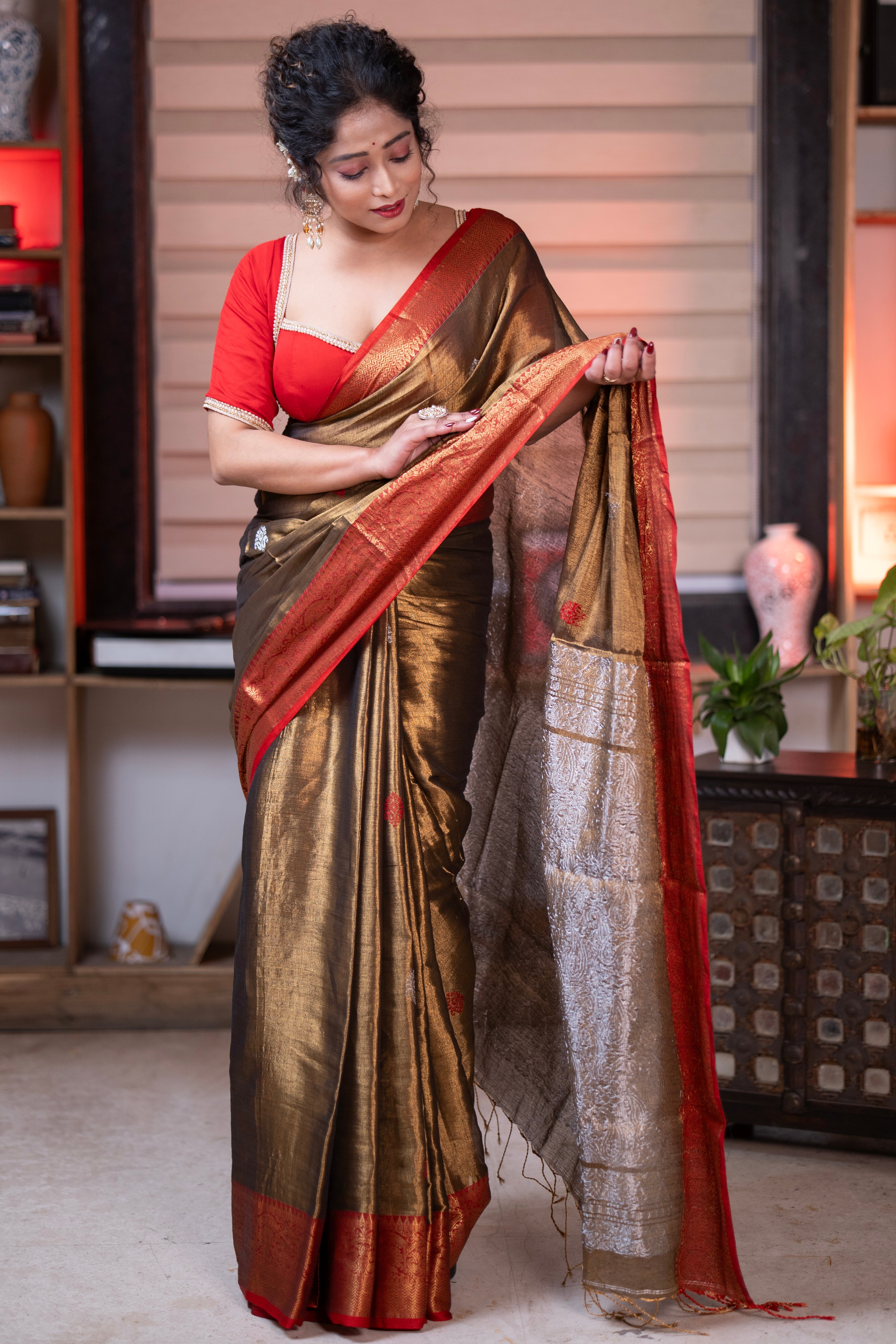 Metallic Chocolate Tissue Linen Handwoven Saree