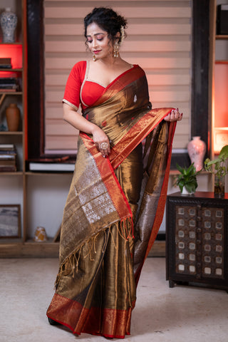Metallic Chocolate dual tone Tissue Linen Handwoven Saree